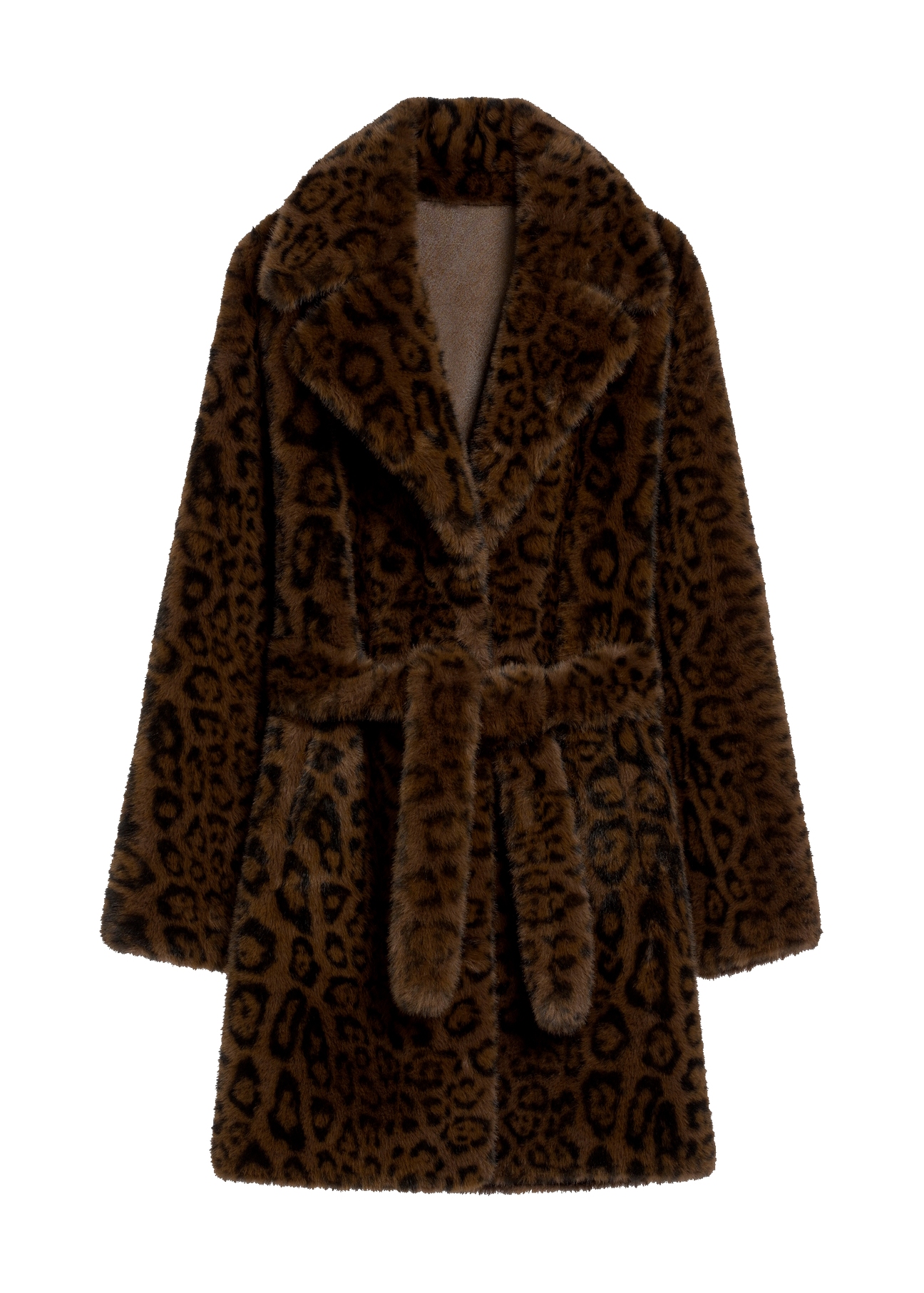 Brown women's fur coat with leopard print FUTDP-0074-89(Z25), product view from the front on a white background.