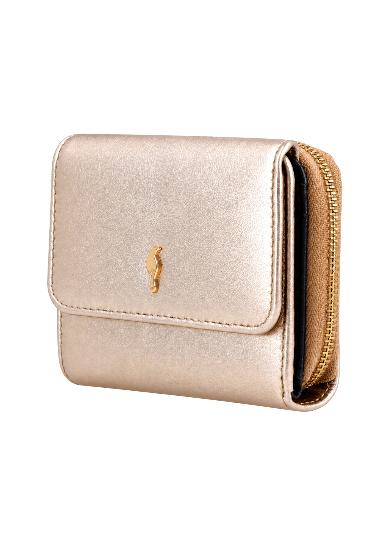 Small women's leather wallet in gold color PORES-1026-2X(Z26), diagonal product view on white background.