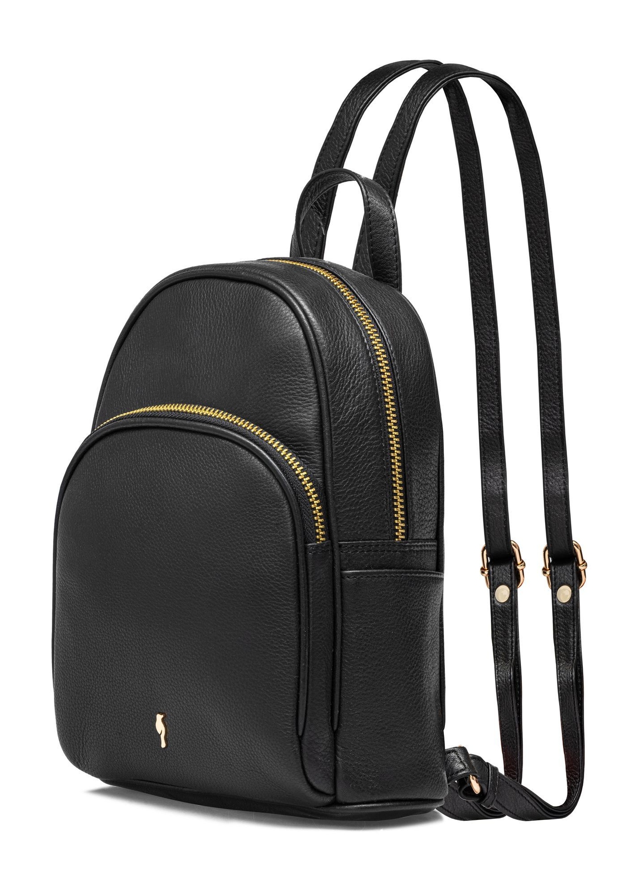 Black leather women's backpack TORES-1089A-99(W26), diagonal product view on white background.
