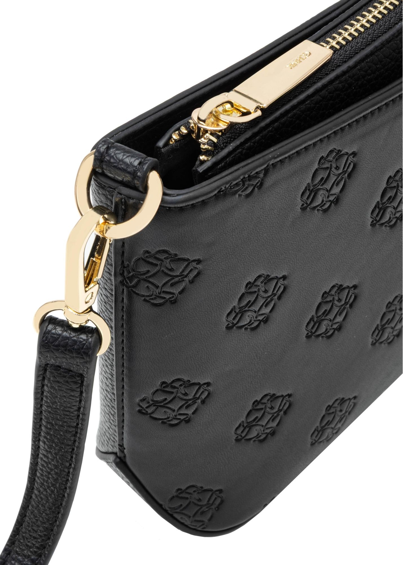 Black women's handbag with monogram TOREC-1159-9P(W26) - close-up of the detail on a white background.