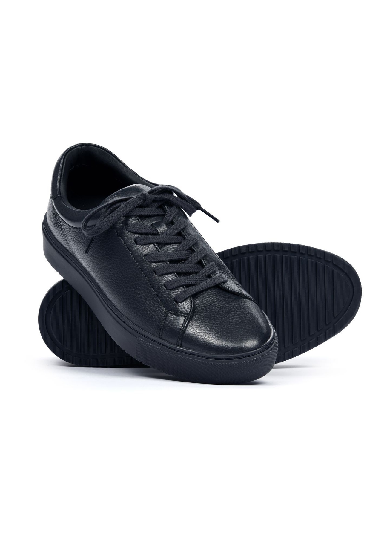 Navy blue leather sports shoes BUTYM-0503A-7E(W26), diagonal product view on white background.