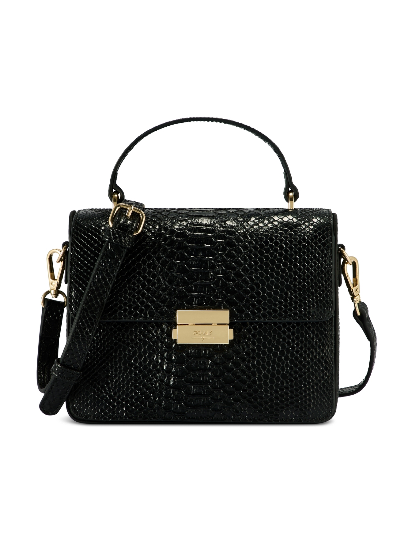 Black women's trunk handbag TOREC-1080-98(Z25), product view from the front on a white background.