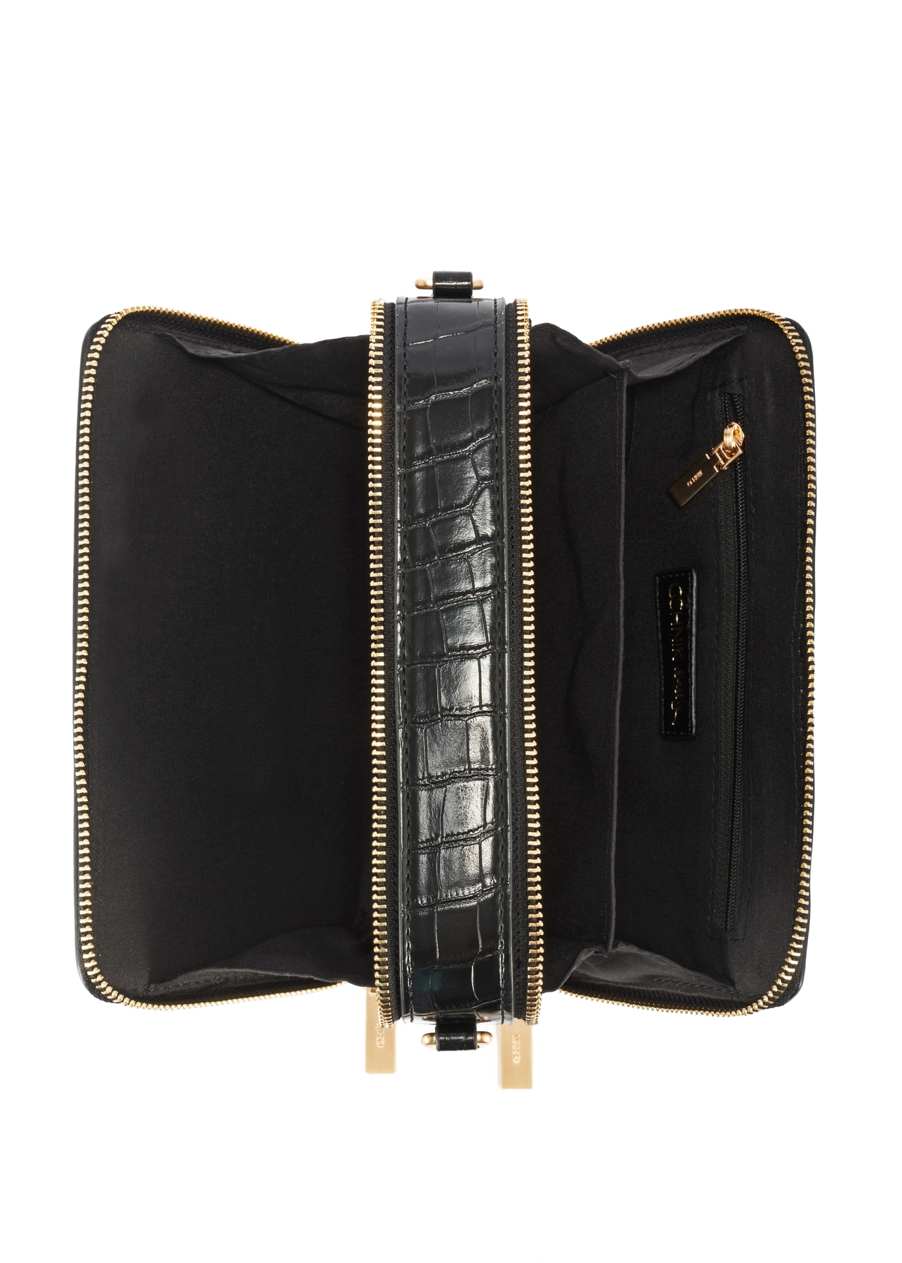 Black small women's croco handbag TOREC-1049-99(Z25), product view from the inside on a white background.