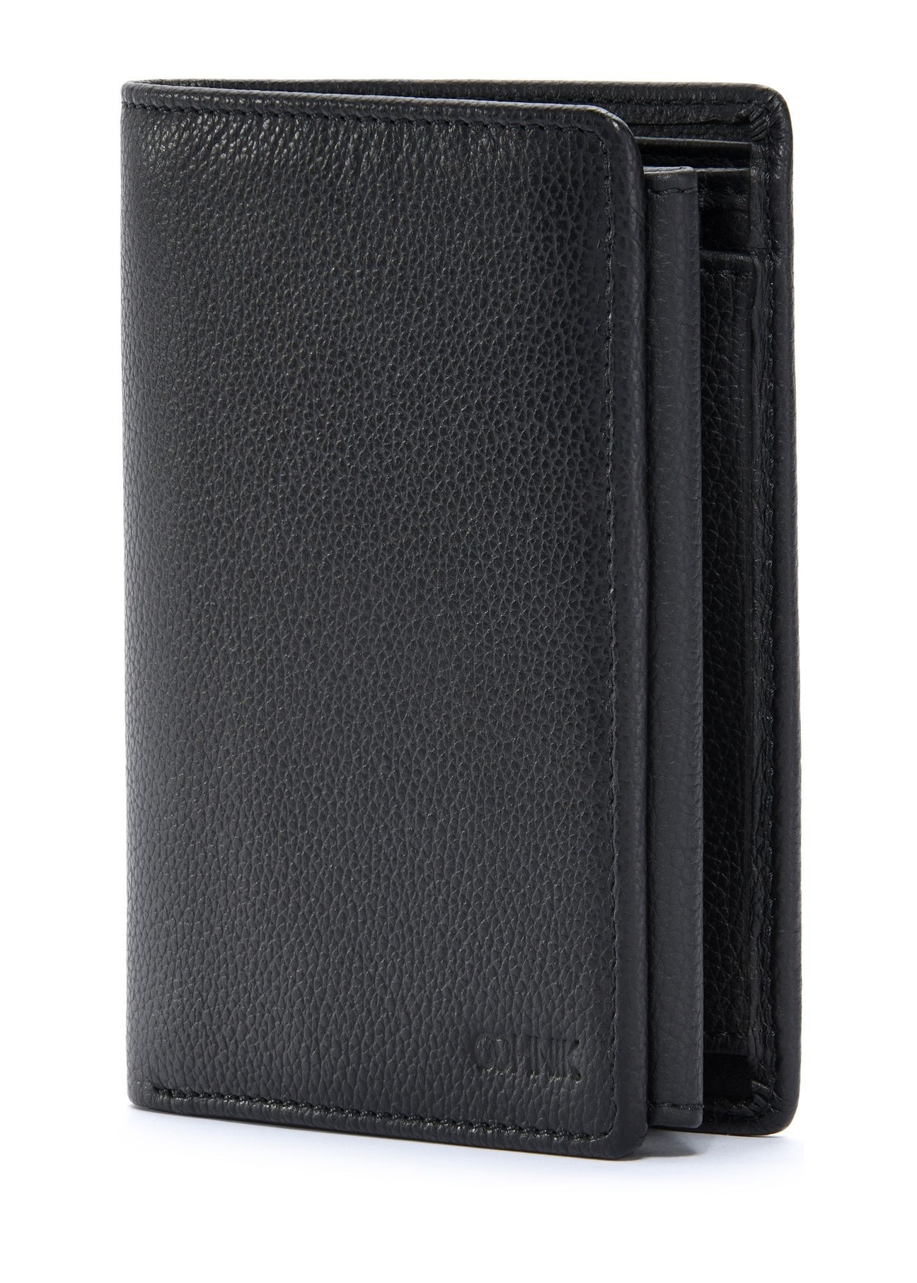 Black men's leather wallet PORMS-0632A-9I(W26), diagonal product view on white background.