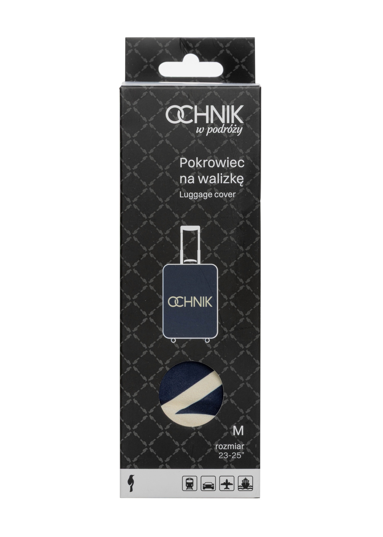 Navy blue cover for medium suitcase AW-013-0002-7D-M(W26), front view of the product in the packaging.