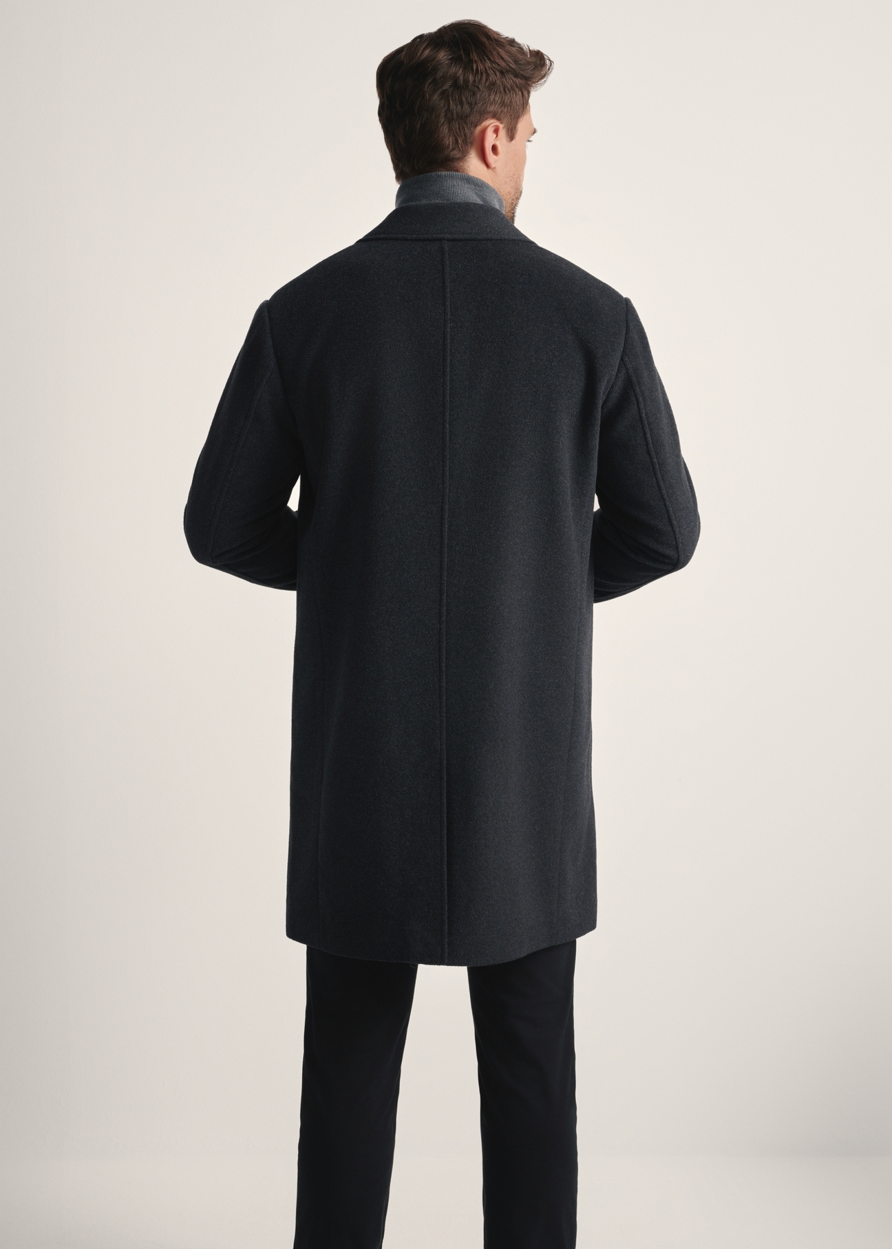 Men's graphite wool coat PLAMT-0006-96(Z25), back view of the product on the model. Half of the silhouette visible.