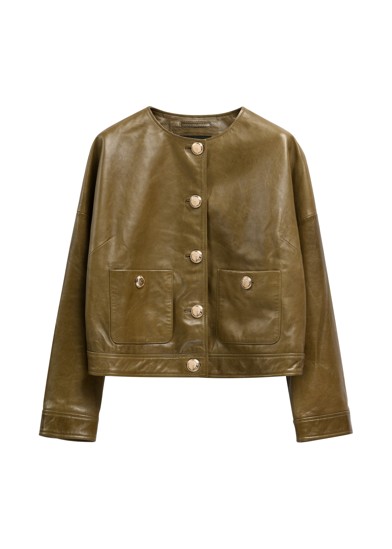 Women's short khaki leather jacket KURDS-0590-8D(W26) - front product view, on white background.