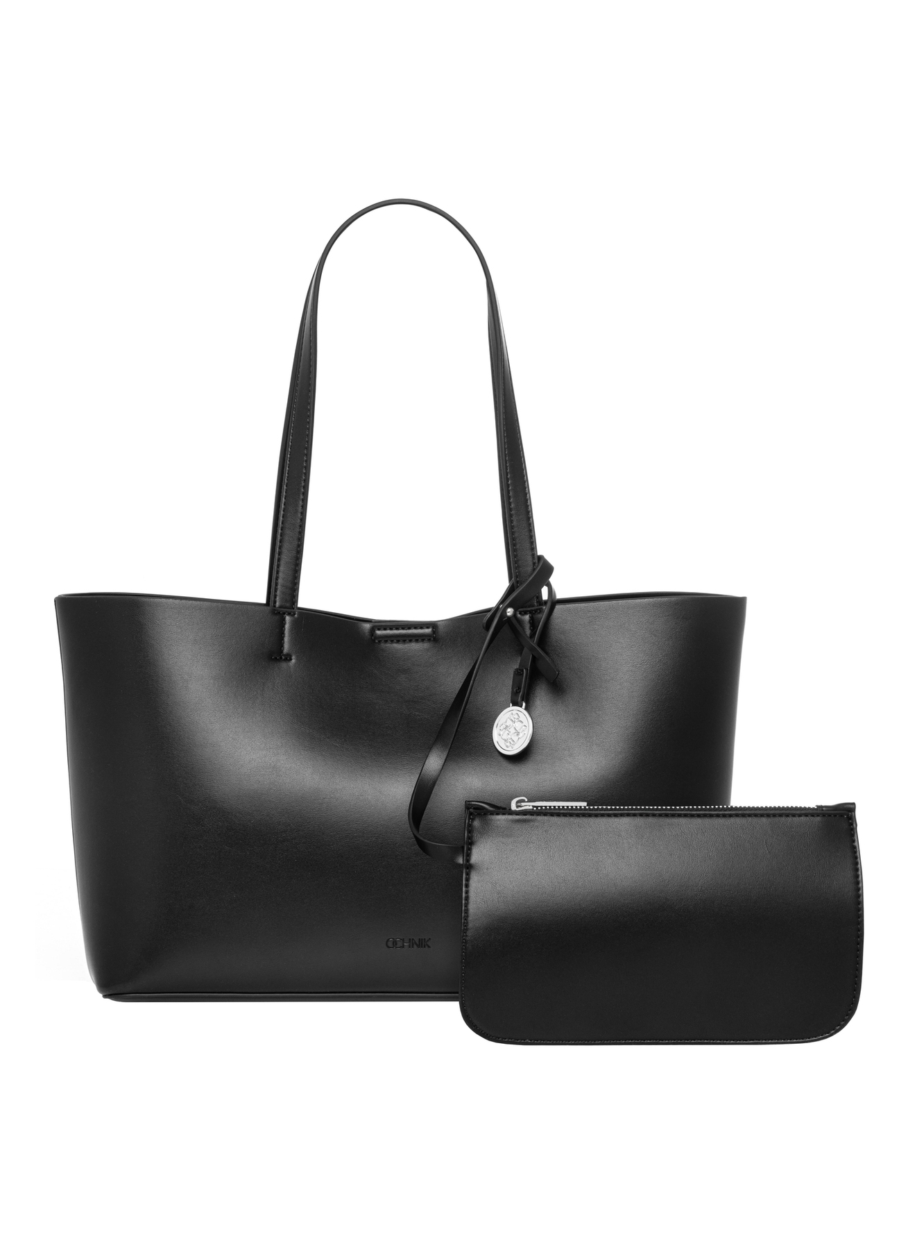 Black large women's handbag TOREC-1258-99(Z26), product view from the front with a detachable cosmetic bag on a white background.