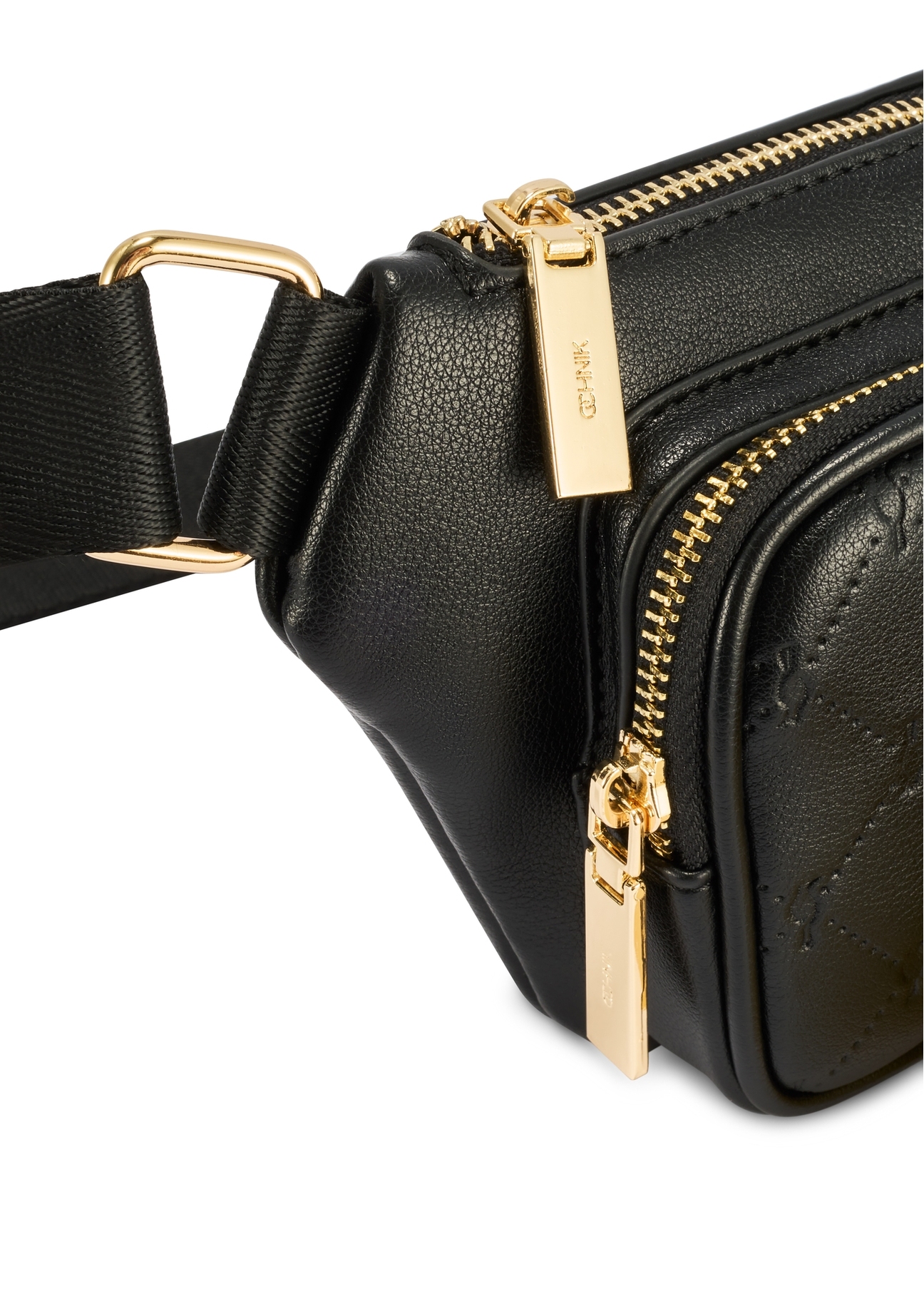 Black women's waist bag with monogram TOREC-1192-9P(W26) - close-up of detail, on white background.