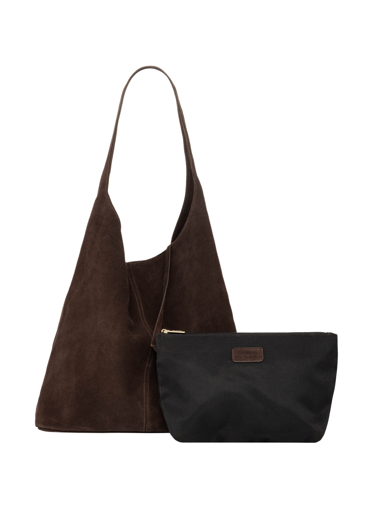 Brown suede shopper bag TORES-1403-1H(Z26). Front view with cosmetics bag on white background.