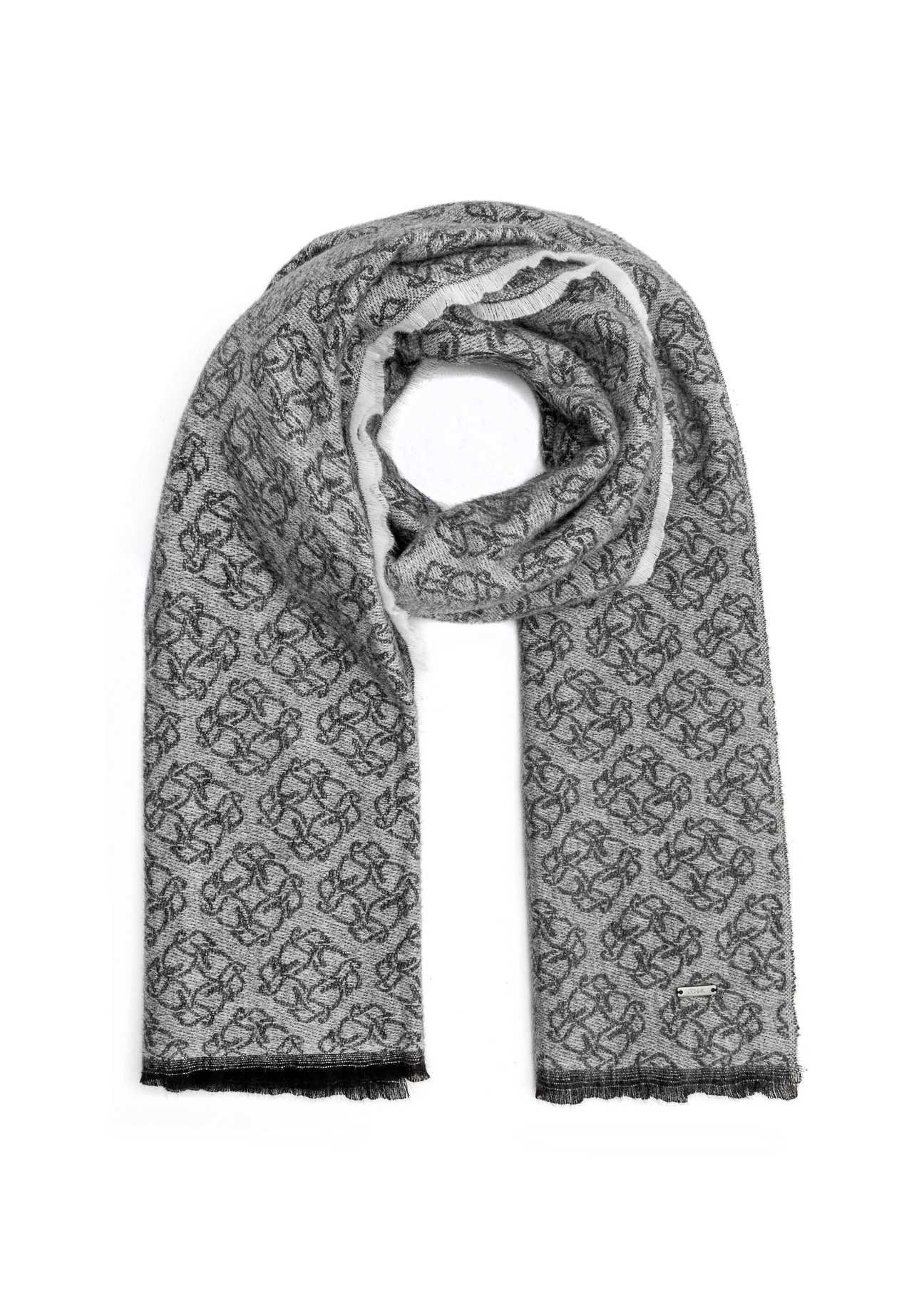 Large gray women's scarf with monogram SZADT-0130A-91(Z25), product view from the front on white.