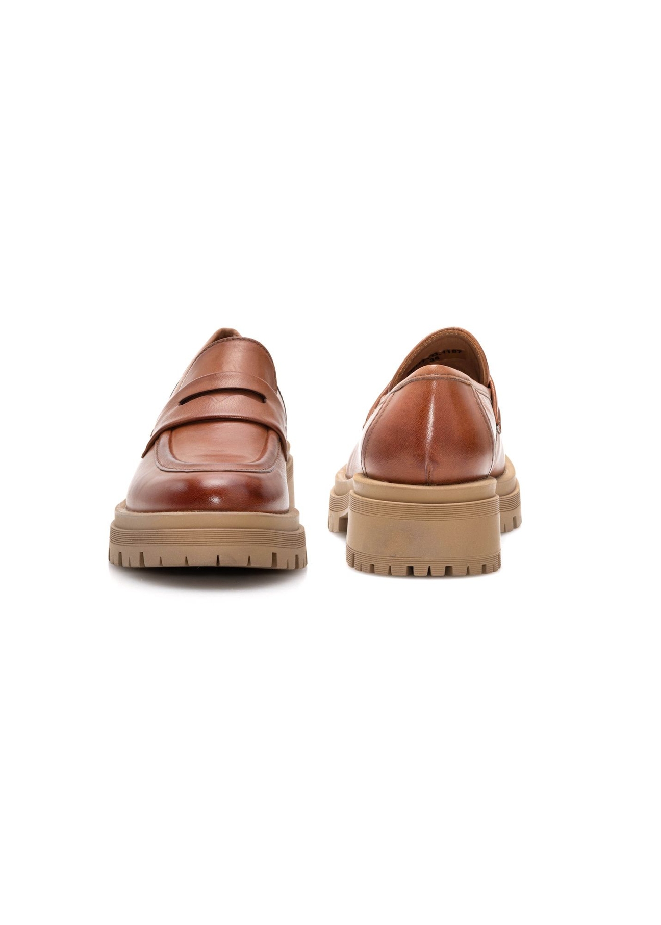 Women's leather moccasins in cognac color BUTYD-1187-1F(Z26), front and back product view on white background.