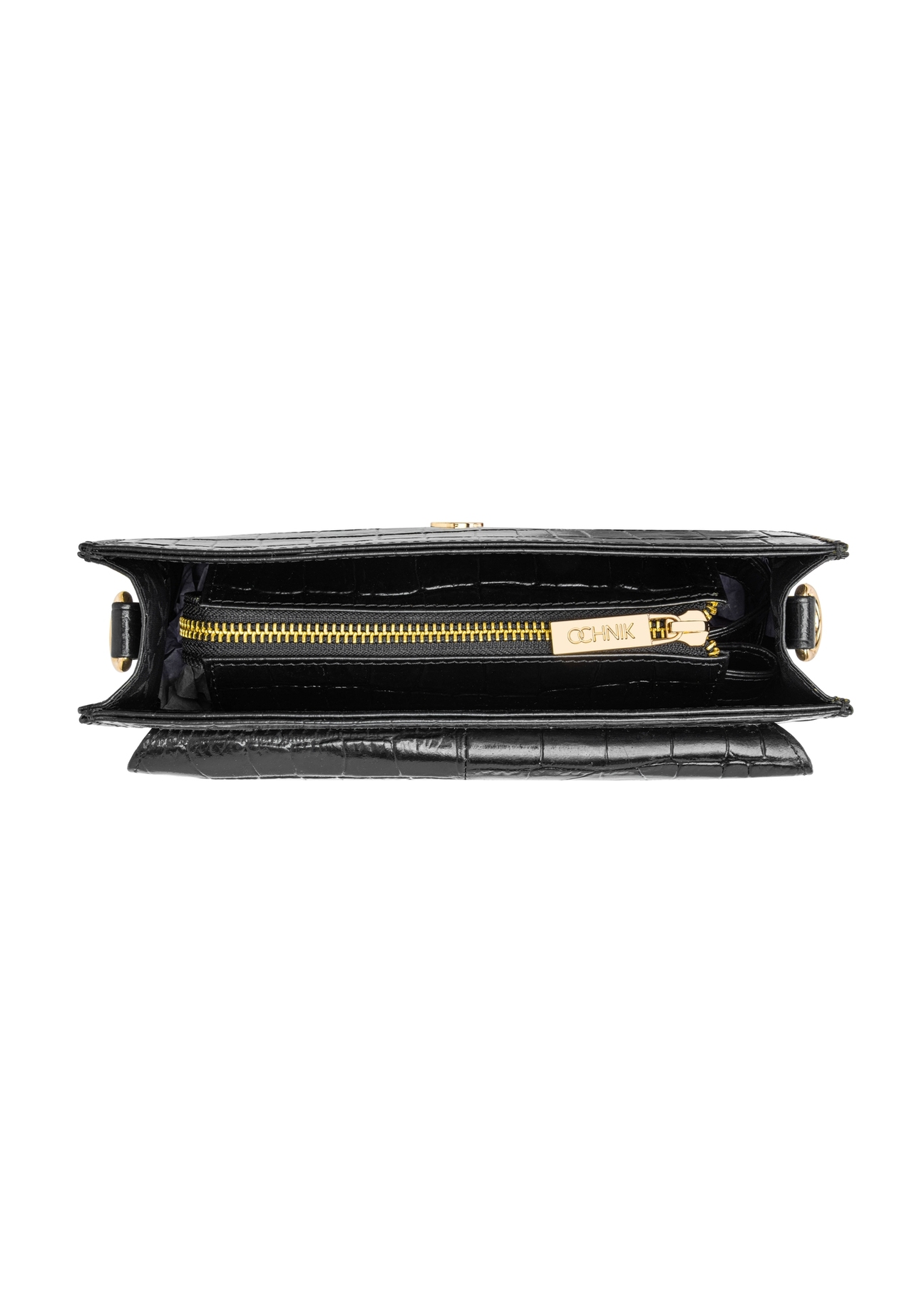 Black small leather croco handbag TORES-1233-9G(W26), product view from the inside, on a white background.