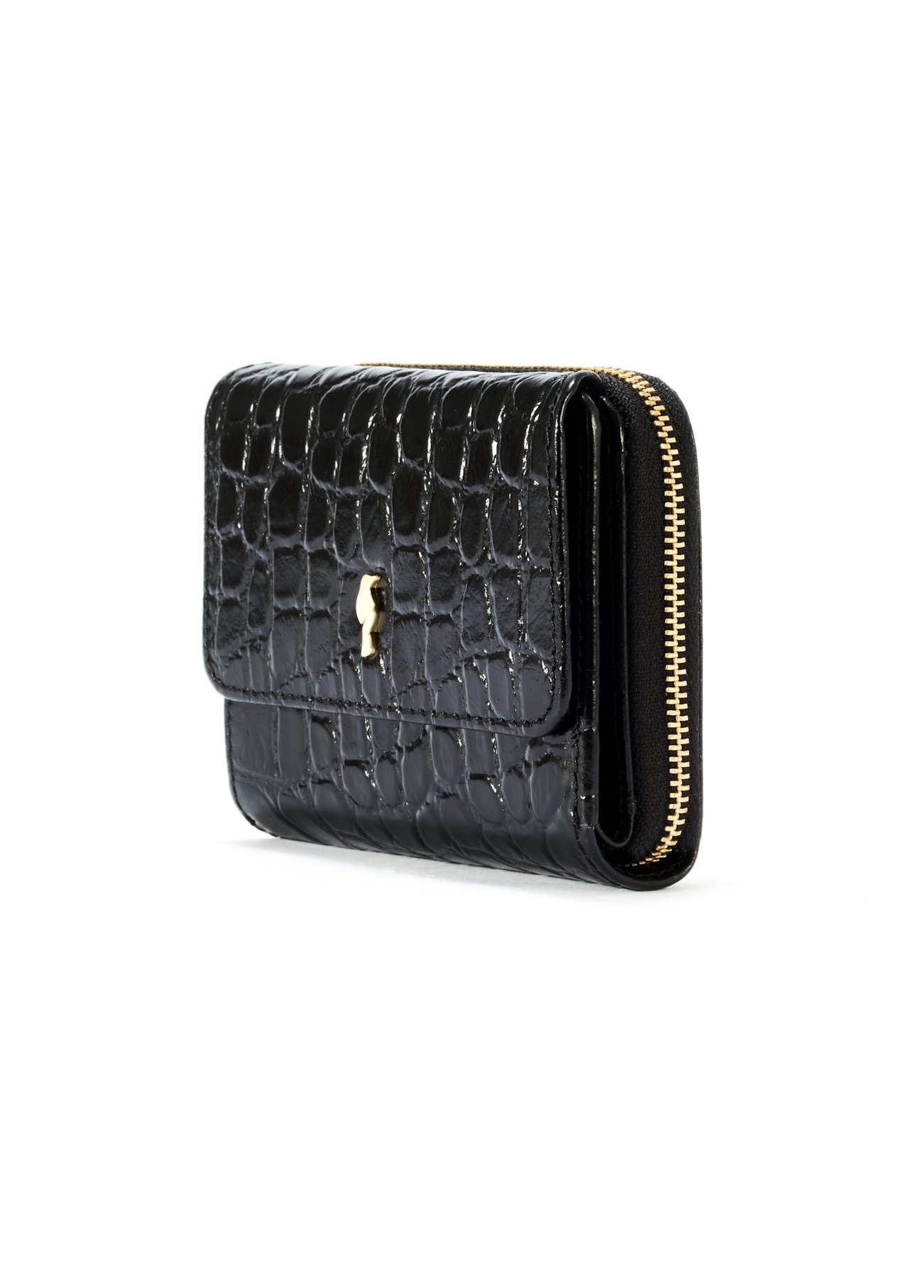 Small leather black women's croco wallet PORES-0957-99(W25), diagonal view of the product on a white background.