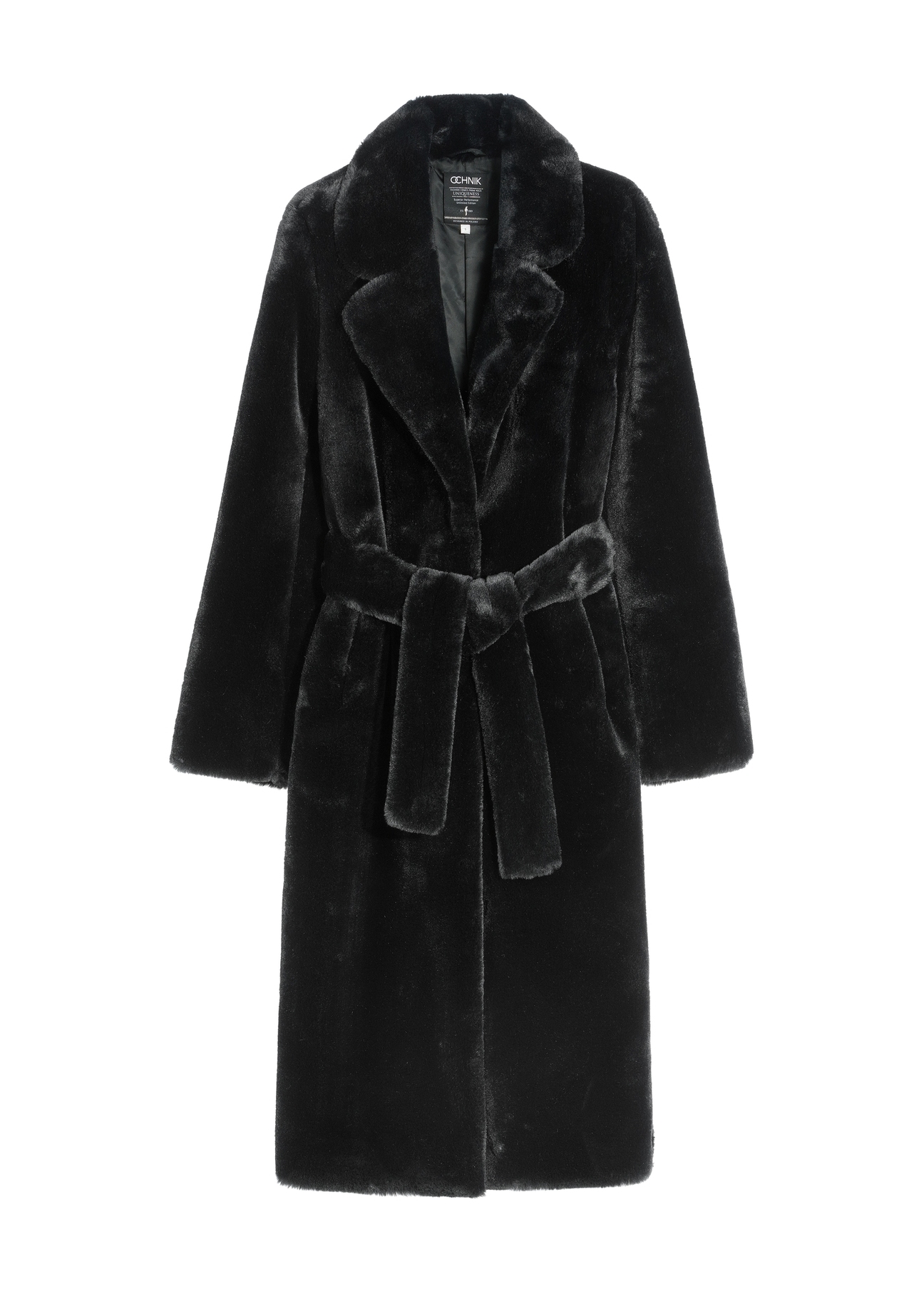 Women's faux fur coat with belt FUTDP-0002A-99(Z25), product view from the front on a white background.