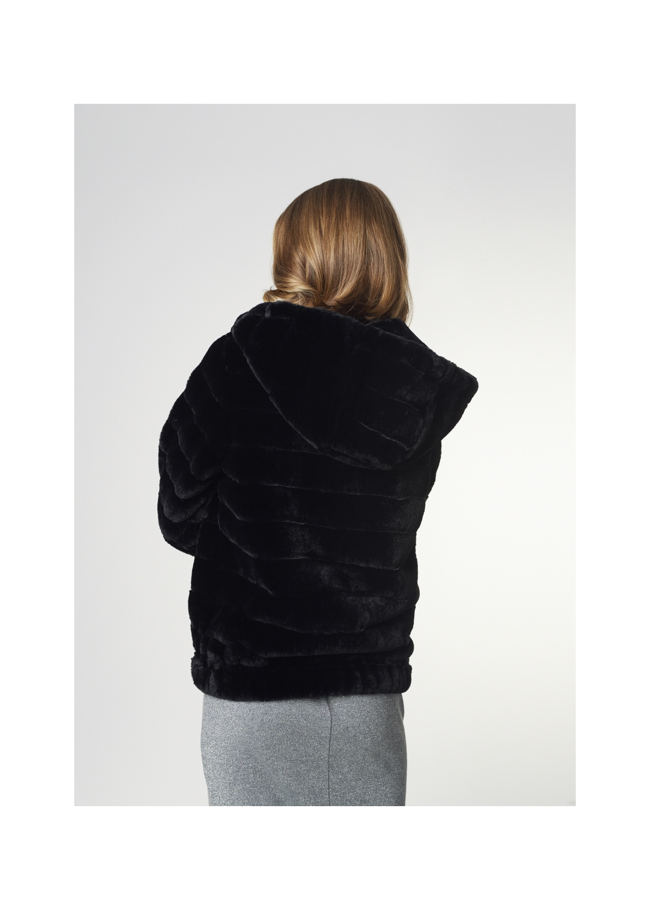 Women's artificial black fur coat with hood FUTDP-0006-99(Z21)-03