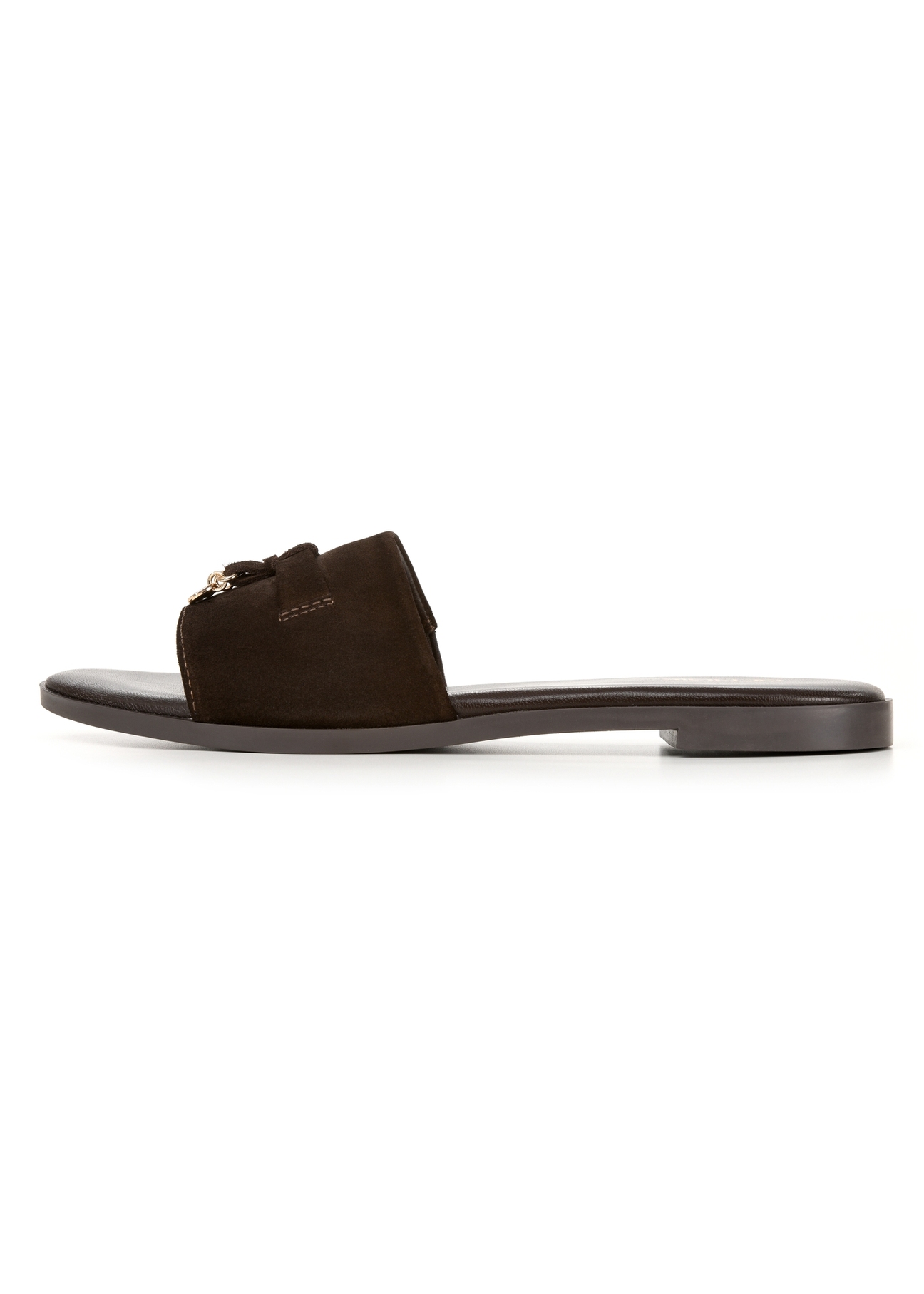 Women's suede slides in dark brown color BUTYD-1255-1I(W26), side view of the product on a white background.