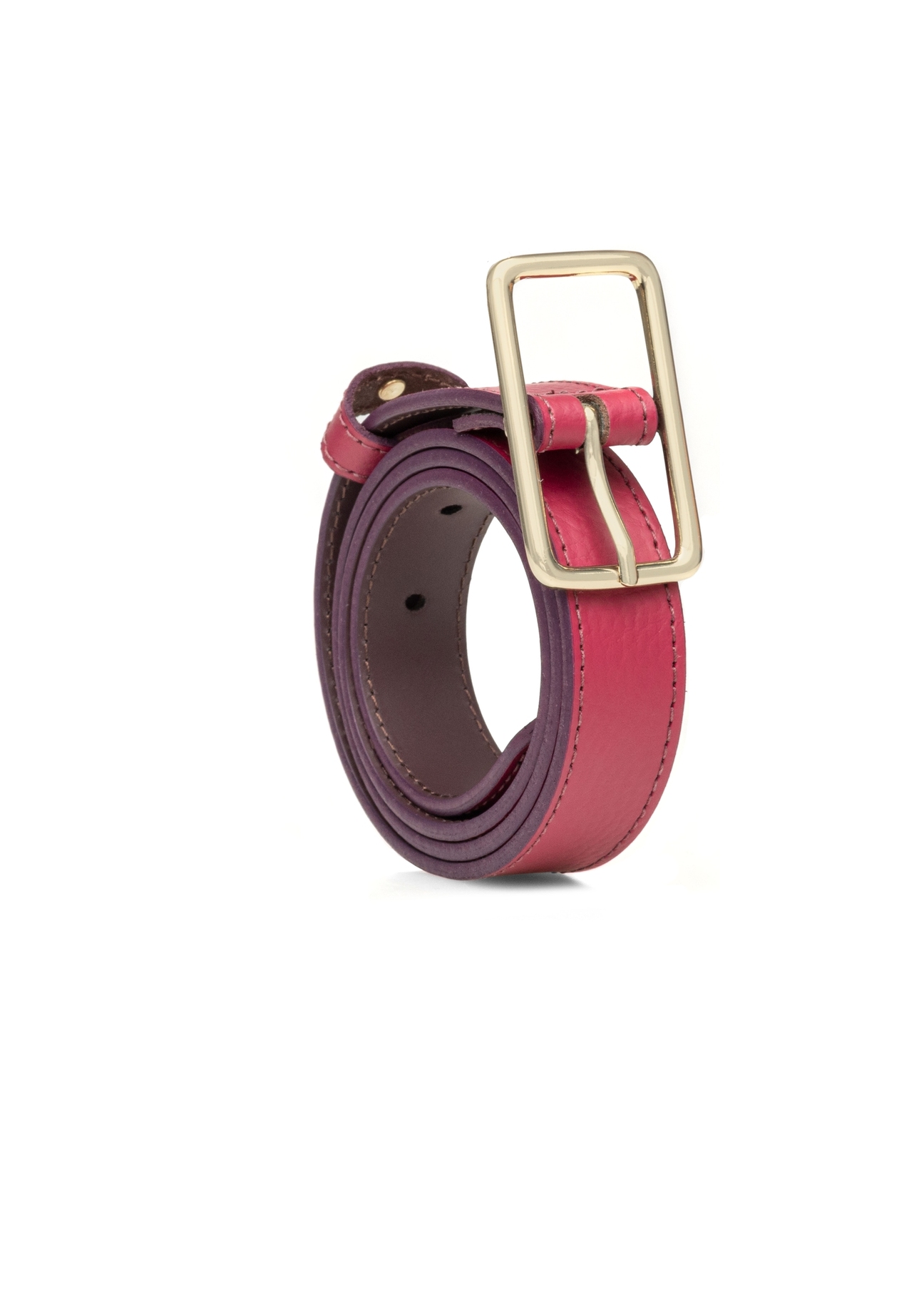Women's fuchsia leather belt PASDS-0307-5E(W26), diagonal product view on white background.