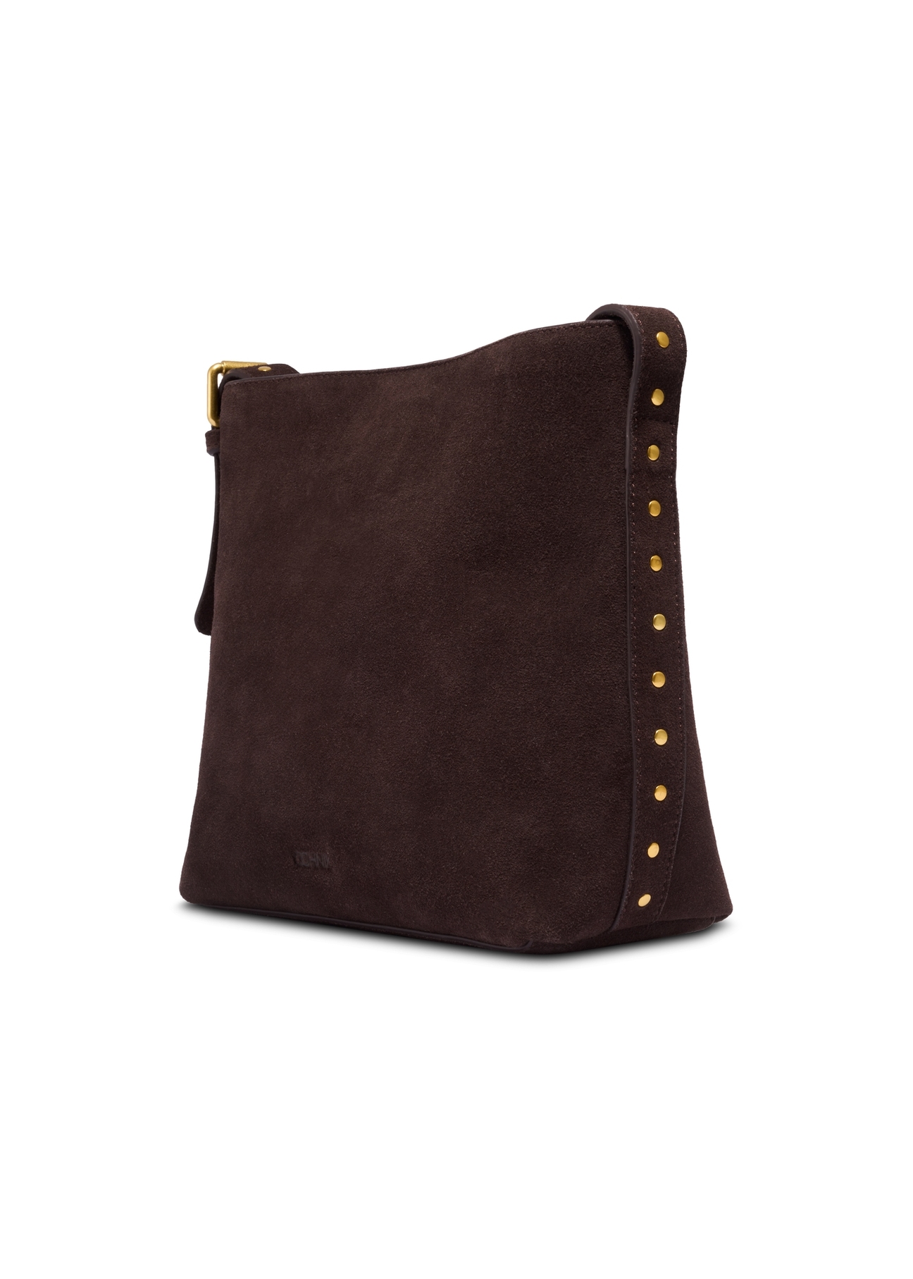 Brown suede women's handbag with studs TORES-1385-1I(Z26), diagonal product view on a white background.