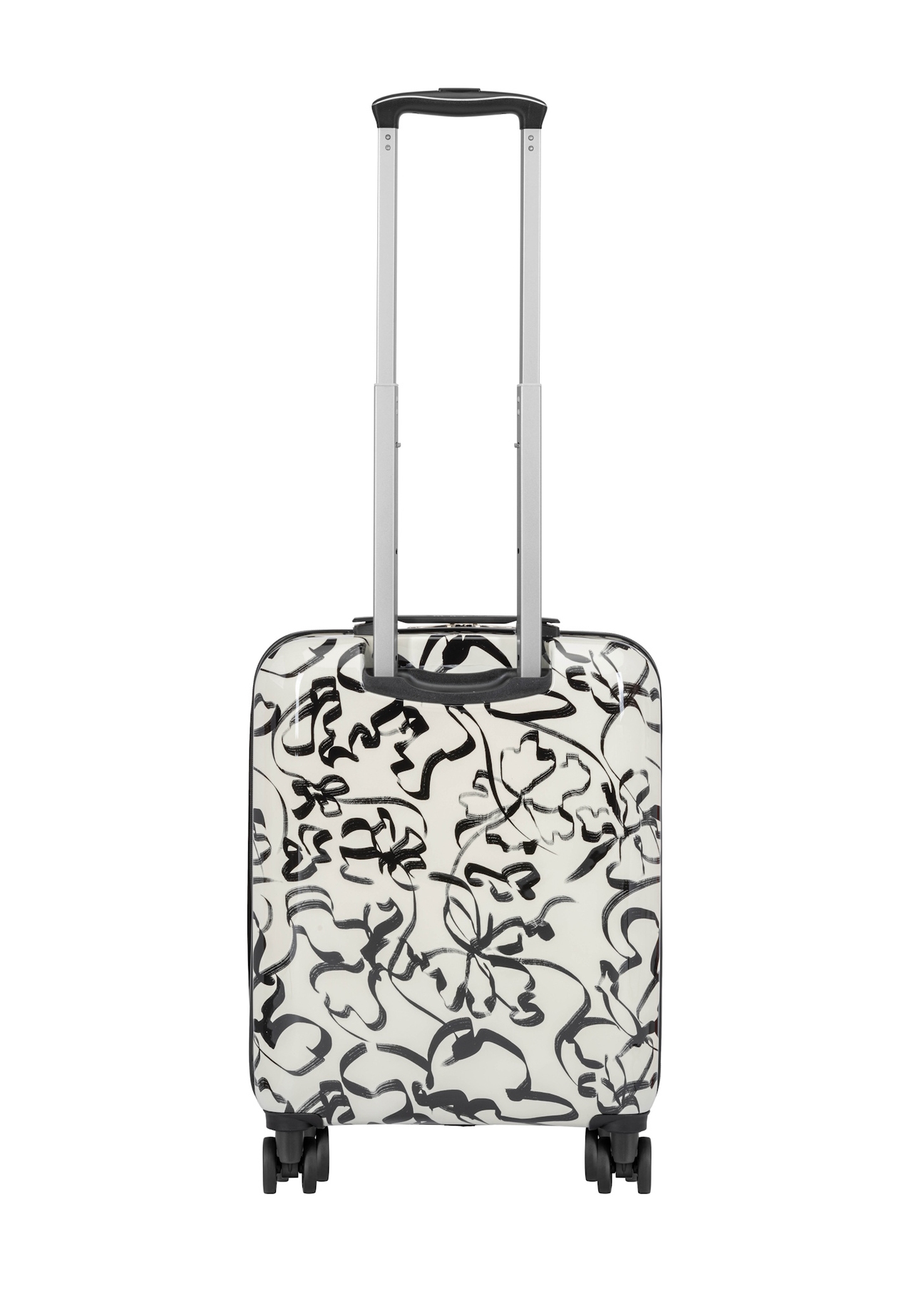 Small patterned suitcase on wheels WALAB-0074-1P-19(W26), product view from the back on a white background.