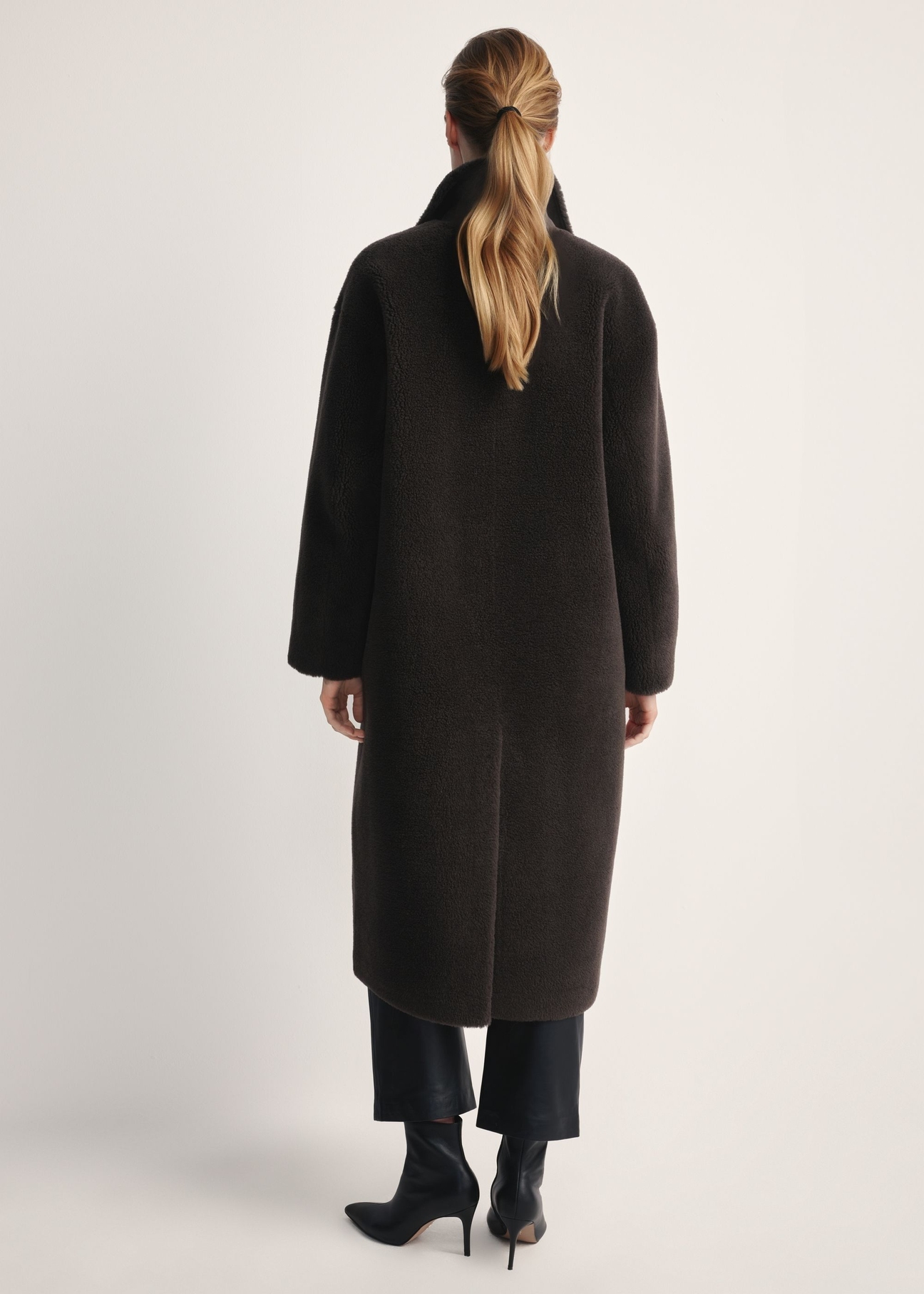 Long graphite women's wool fur coat FUTDW-0034-9D(Z26) - back view of the product on a white background. Full silhouette visible.