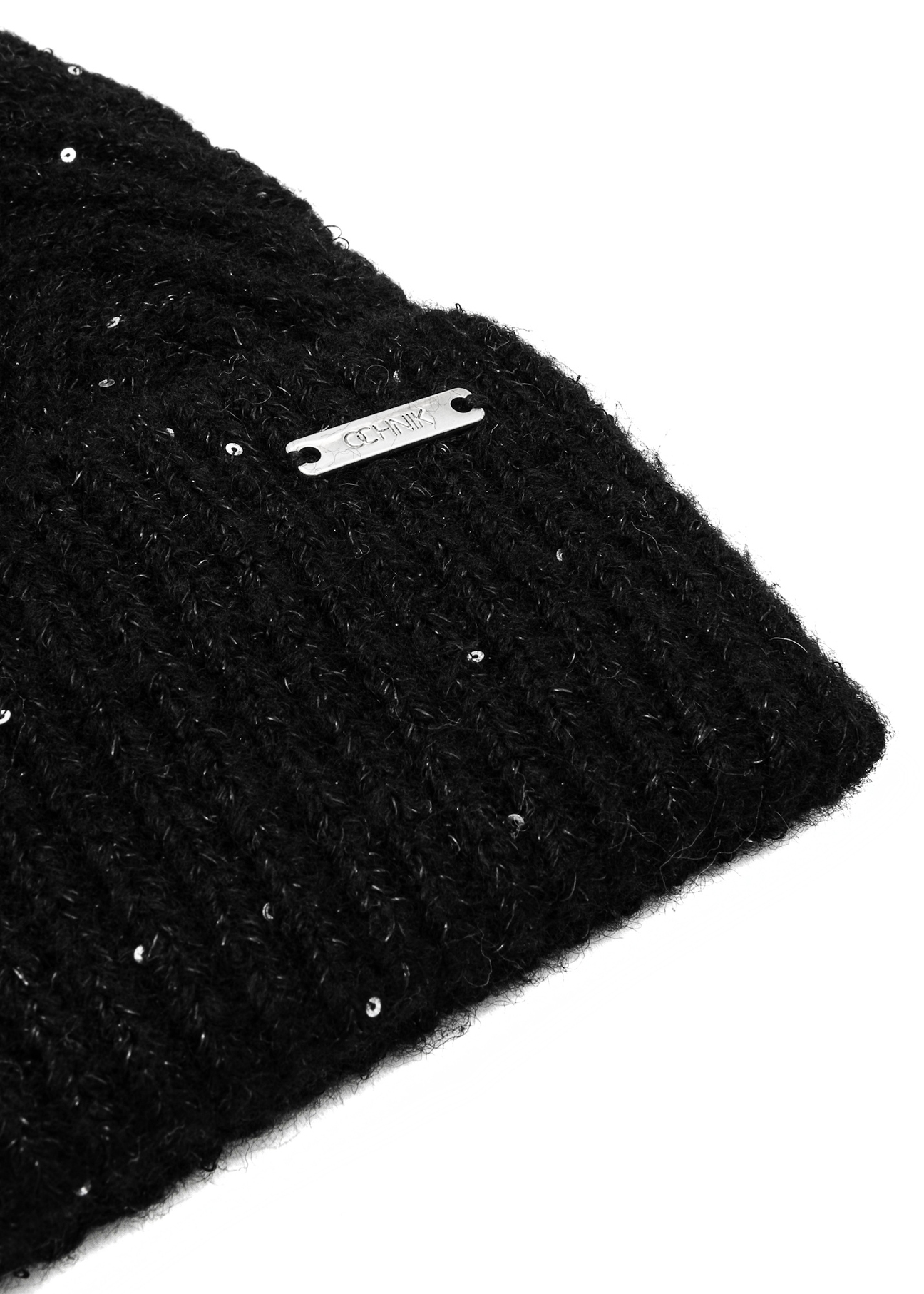 Black women's hat with sequins and pompom CZADT-0175-98(Z25), close-up of the product detail on a white background.