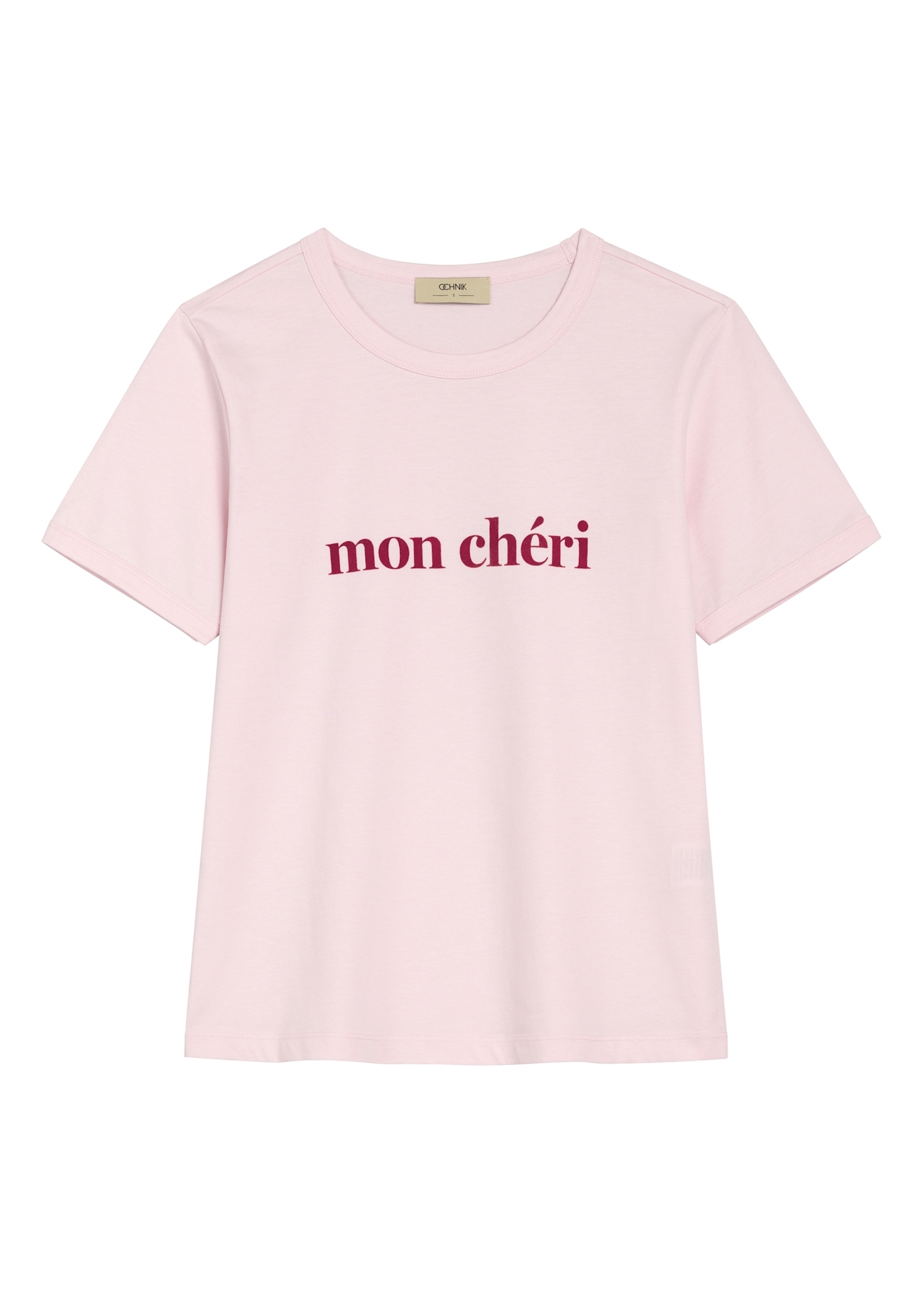 Pink women's T-shirt with print TSHDT-0152-5A(W26) - front product view, on white background.