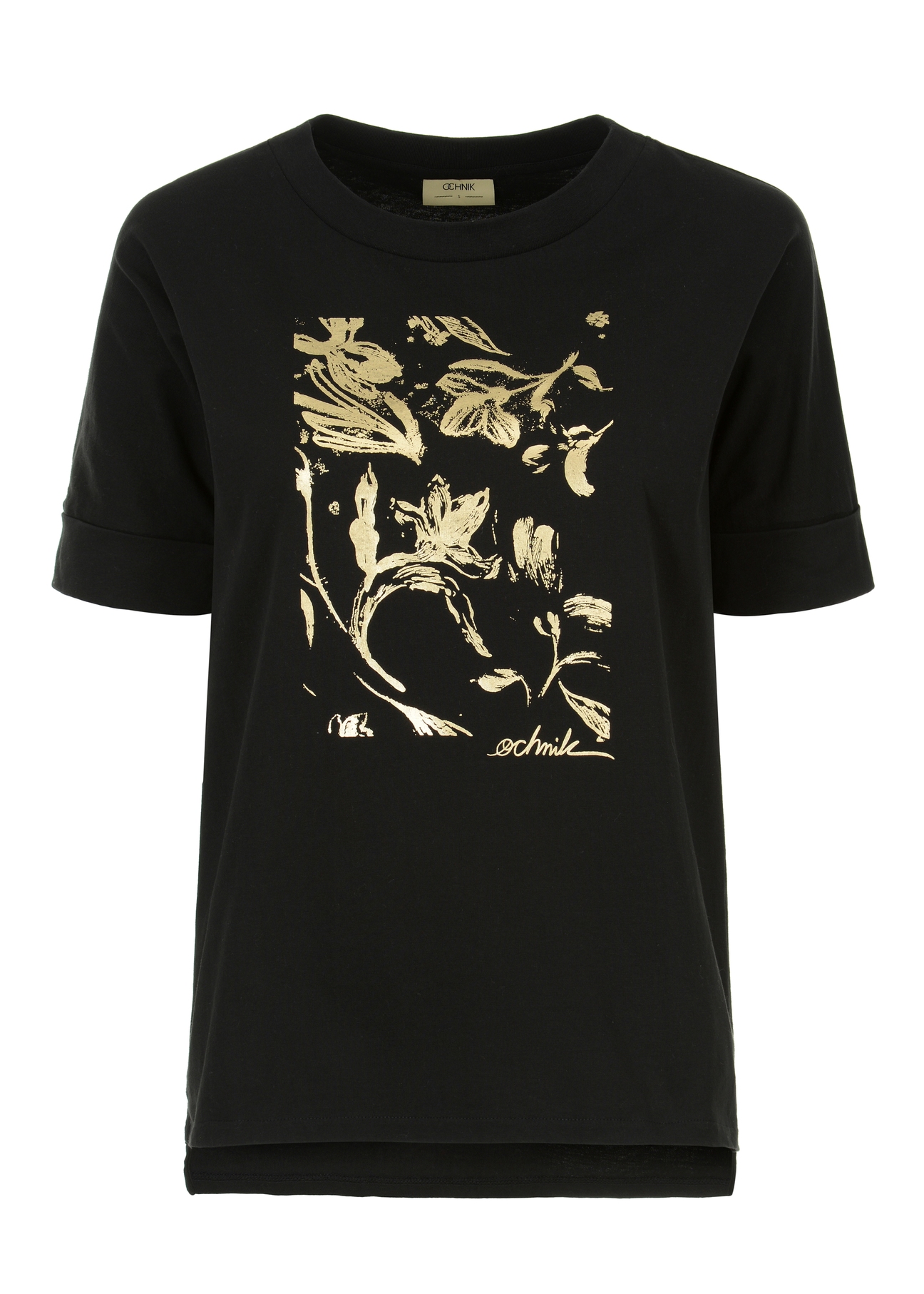 Black Women's T-shirt with gold print TSHDT-0102-99(Z22)-04