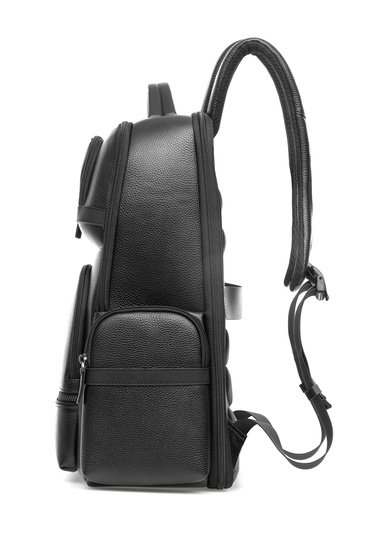 Black spacious men's backpack PLCMS-0022-99(Z25), product view from the side on a white background.