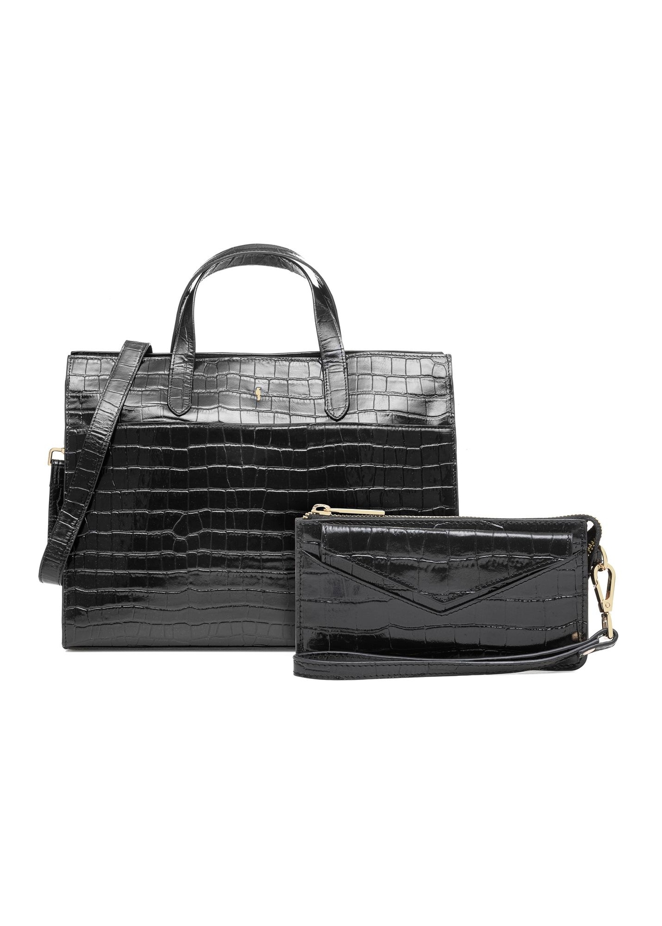 Black large croco leather handbag TORES-1132-9G(Z26) - front product view, on white background.