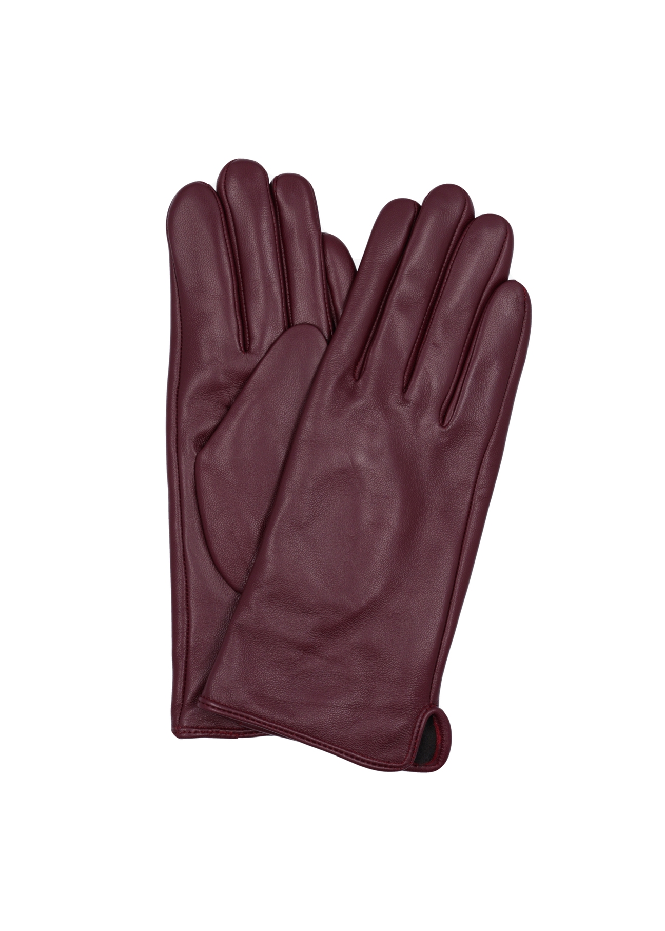 Women's burgundy leather gloves REKDS-0001A-4D(Z26), product view from the front and back on a white background.