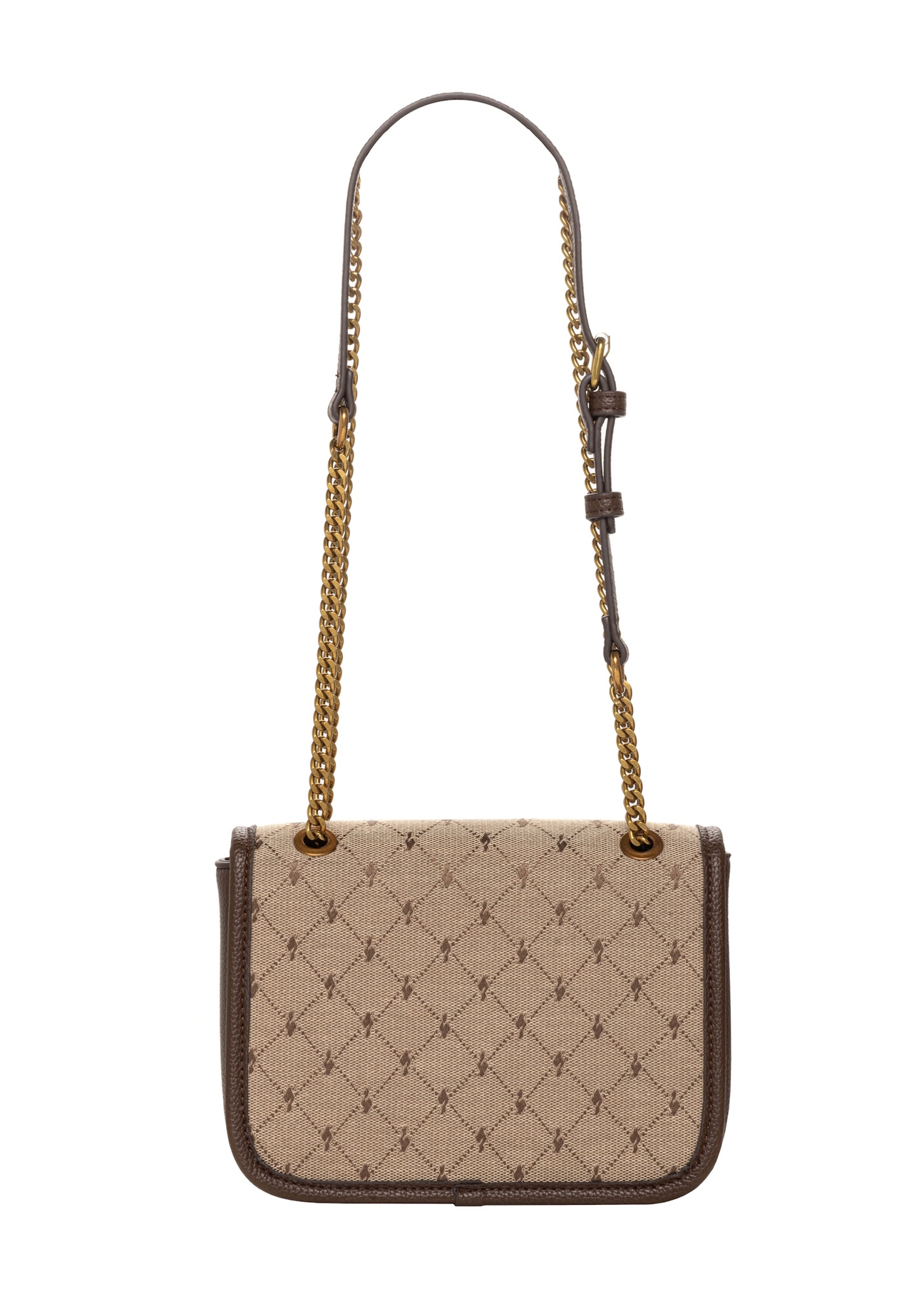 Beige women's handbag with monogram TOREN-0360-1B(Z26), product view from the back on a white background.