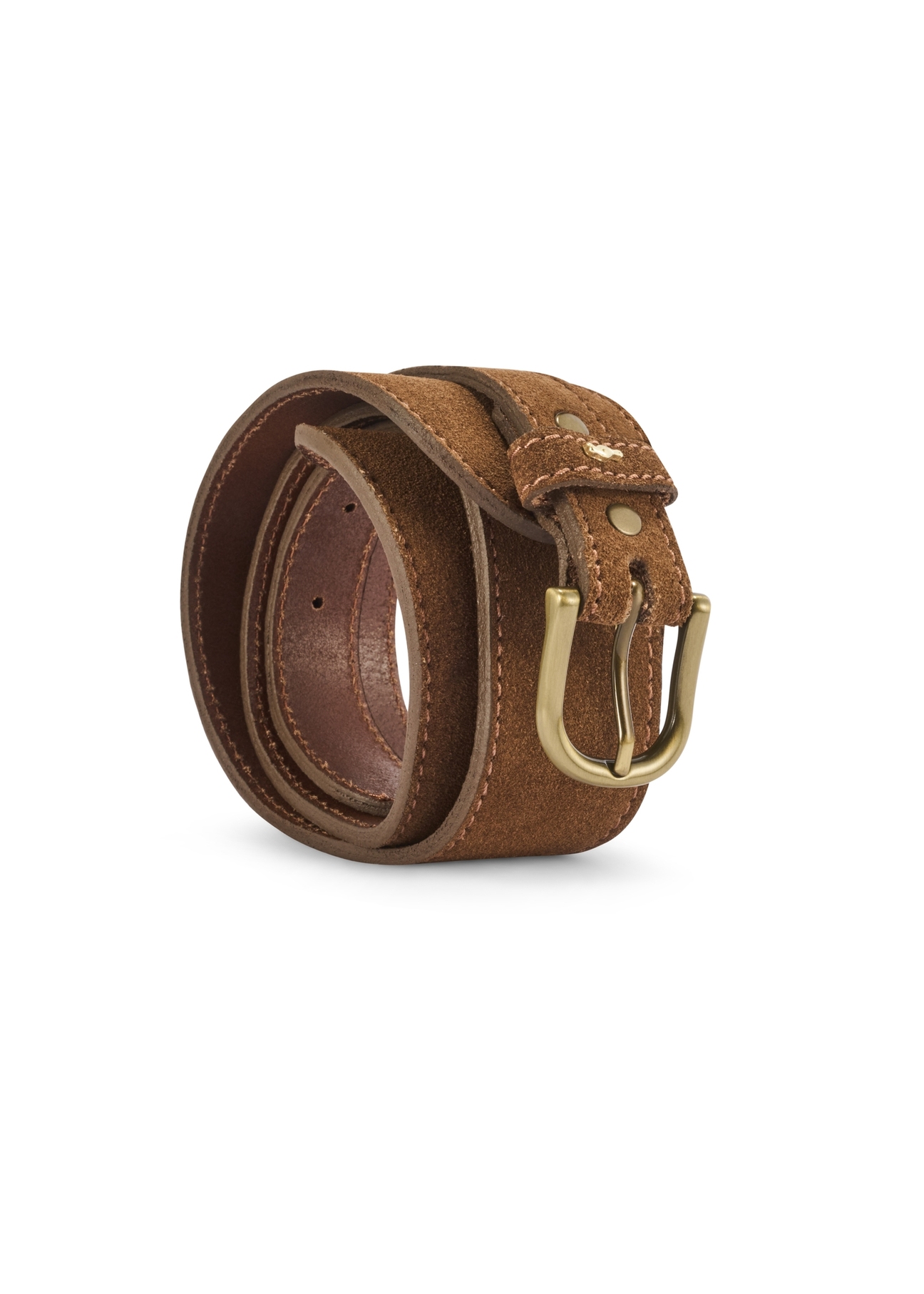Brown suede women's belt PASDS-0330-89(Z25), front view of the rolled-up product on a white background.