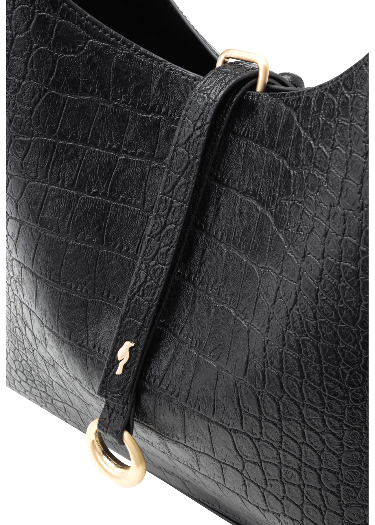 Black women's handbag with croco motif TOREC-1170-9G(W26), close-up of the product detail on a white background.