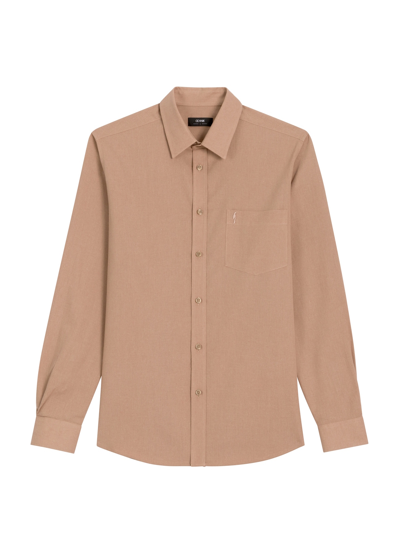 Men's linen blend shirt in camel color KOSMT-0379-1D(W26), front product view on white background.