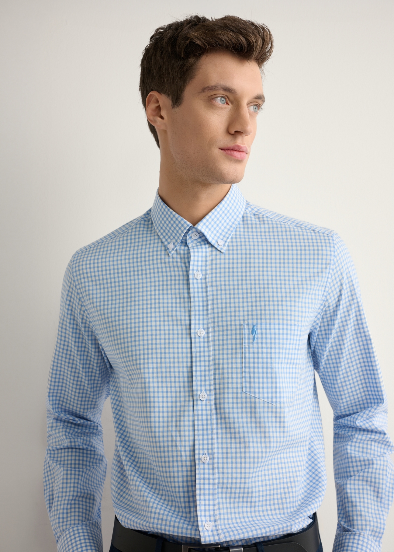 Men's blue checkered cotton shirt KOSMT-0277-7B(W26), close-up of the product from the front on the model's silhouette.