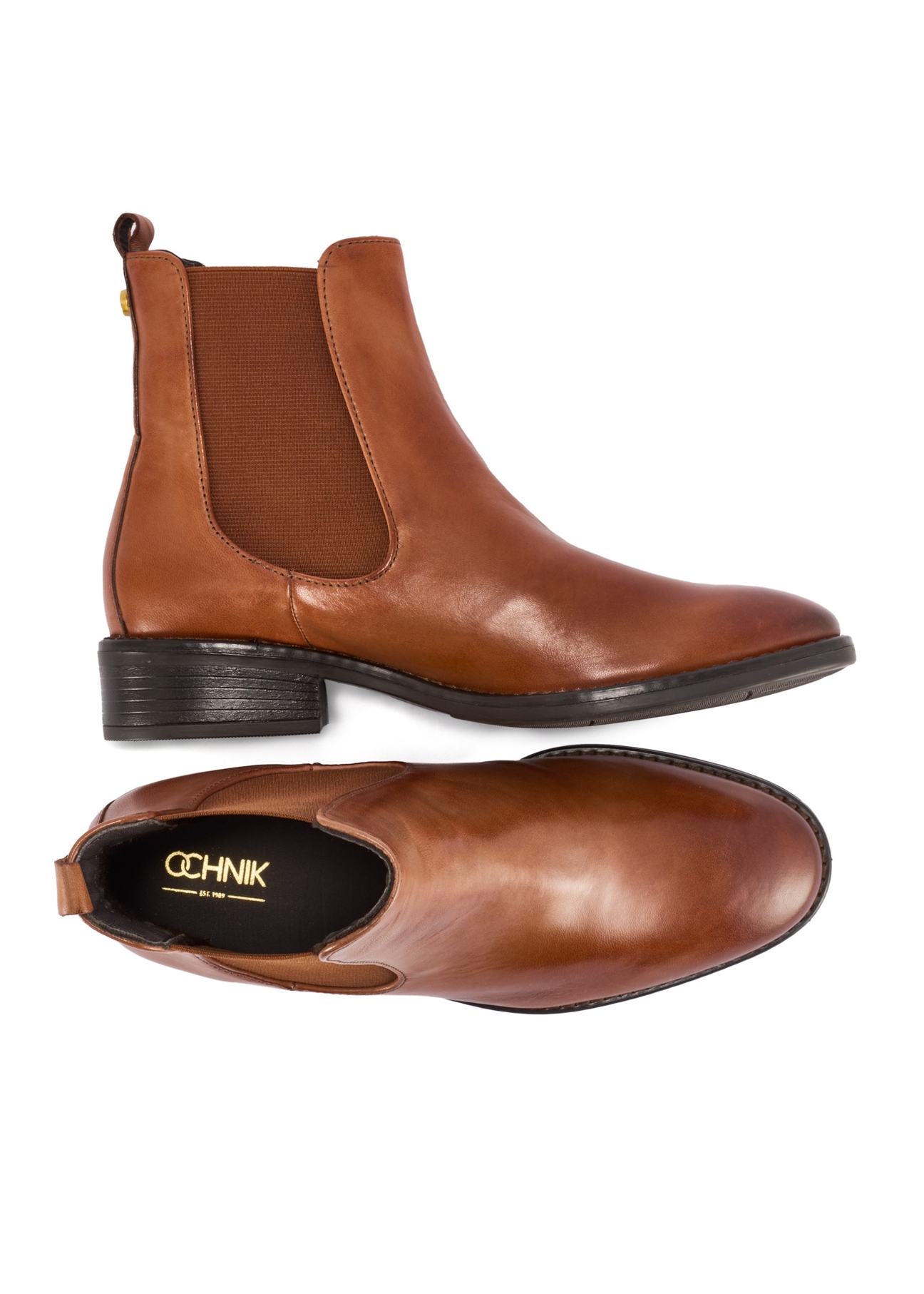 Women's leather ankle boots in cognac color BUTYD-0936A-87(Z25), product view from above on a white background.