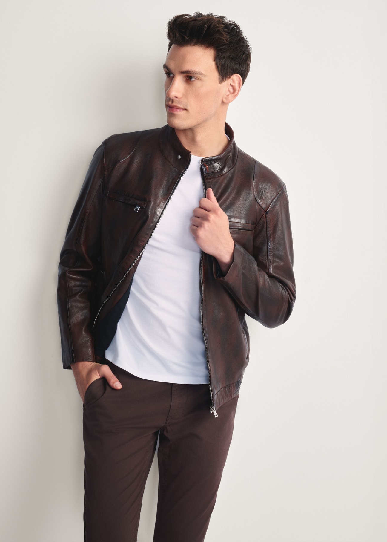 Brown men's leather jacket KURMS-0384-3340(Z25), product view from the front on the model, half of the silhouette visible.