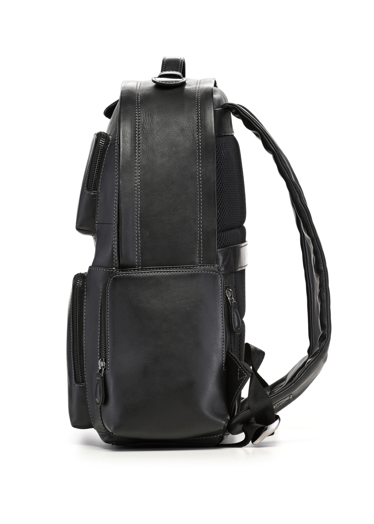 Men's black leather backpack TORMS-0526-99(Z26) - side product view, on white background.