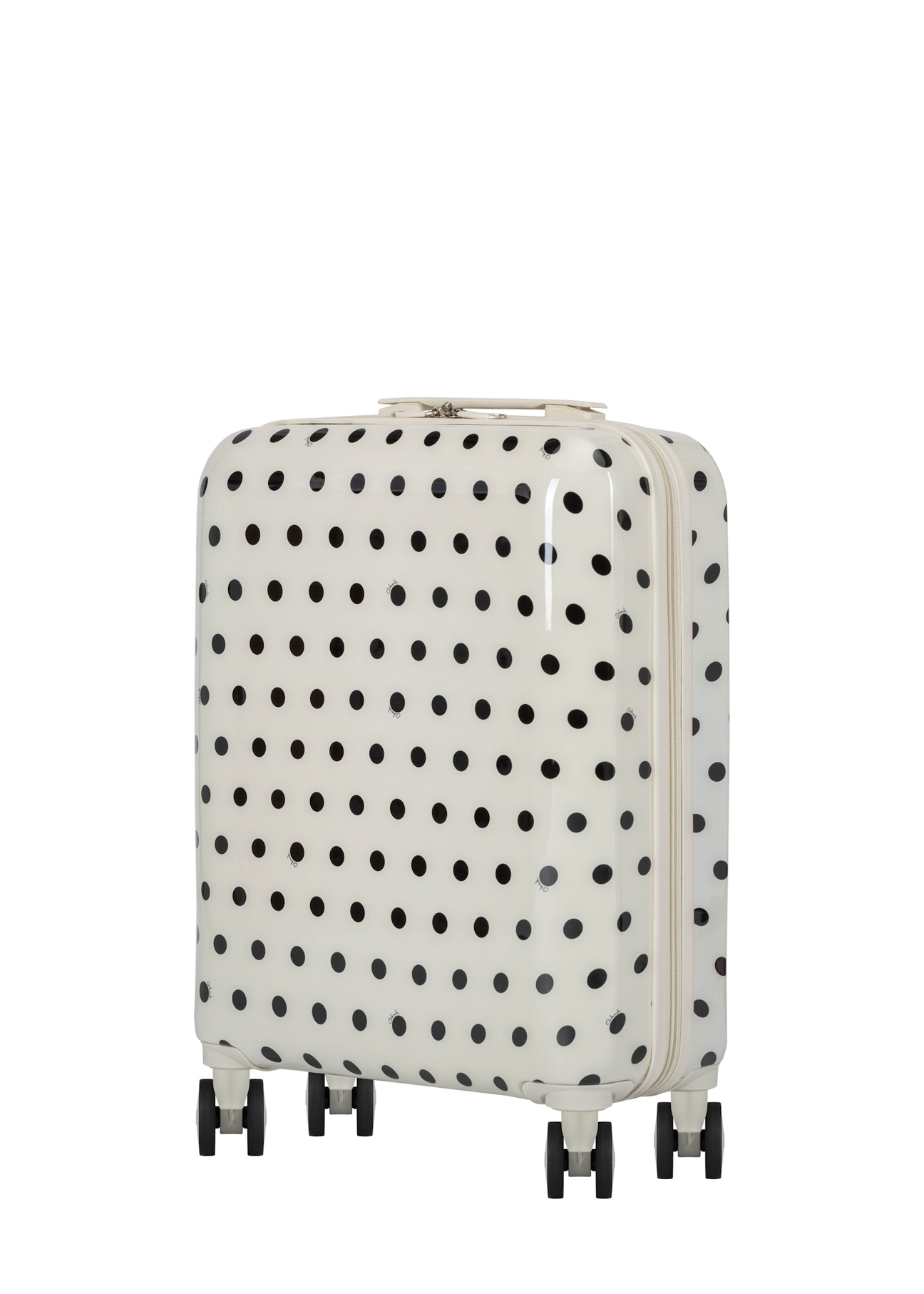 Small polka dot suitcase on wheels WALAB-0074-0P-19(W26), diagonal product view on white background.