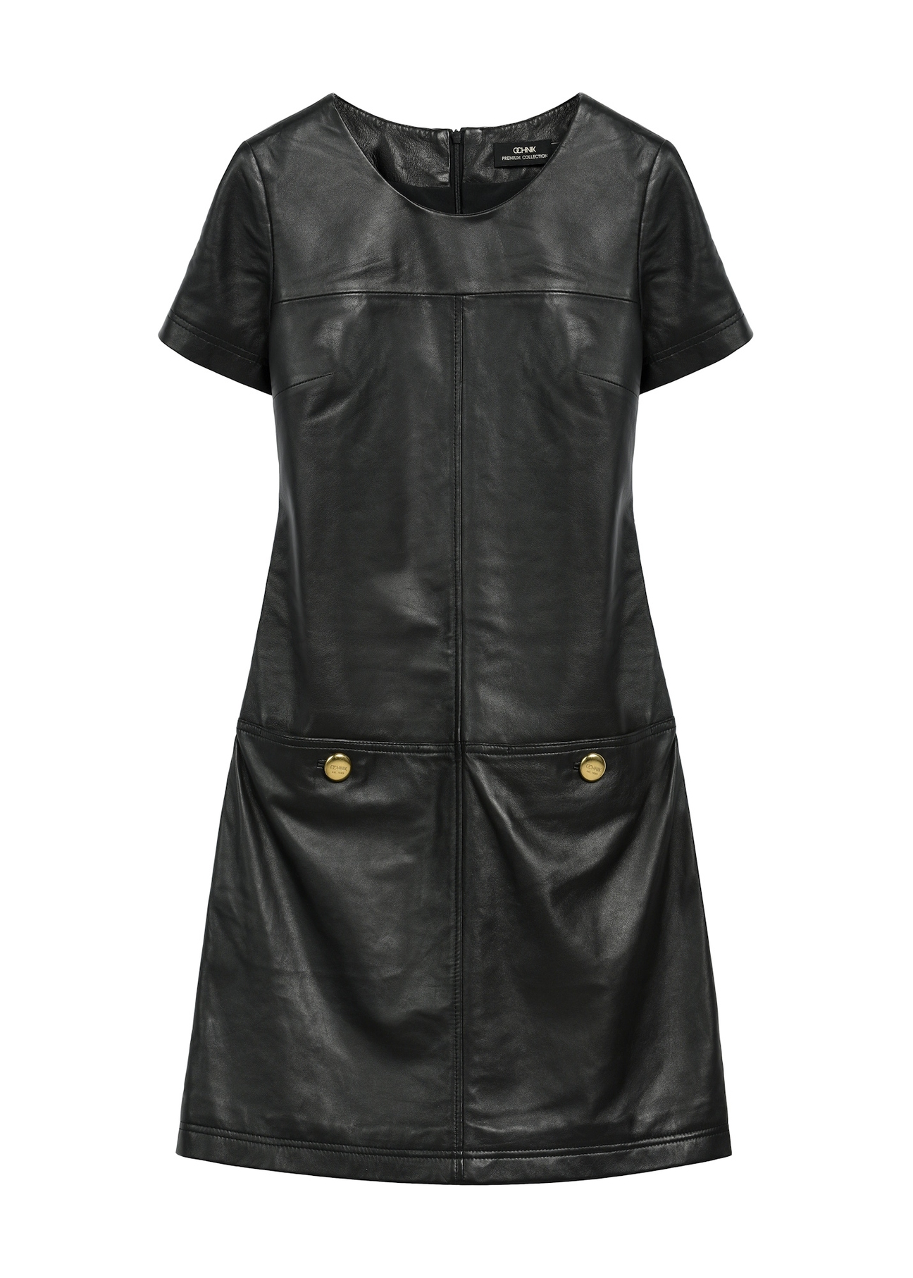 Black leather mini dress SUKDS-0052-1276(Z25) - front product view on white background.