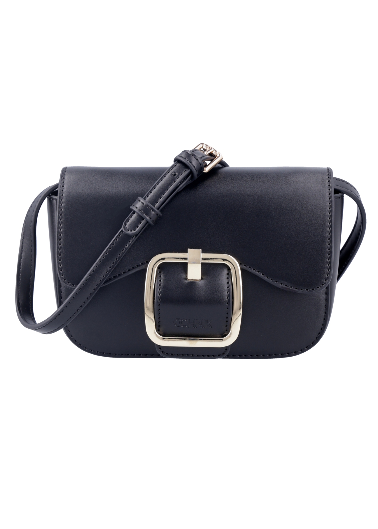 Small black women's handbag with buckle TOREC-1383-99(Z26), front product view on white background.