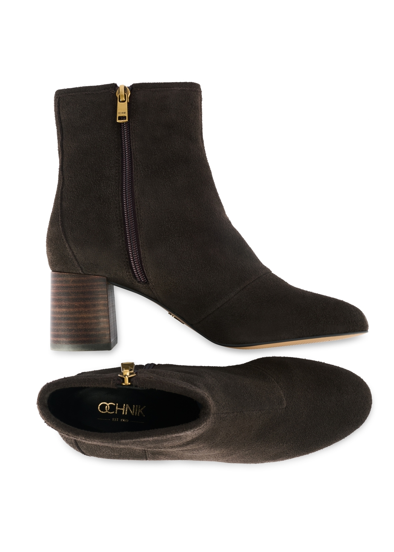 Brown suede high-heeled ankle boots BUTYD-1218-89(Z25), product view from the top and side on a white background.