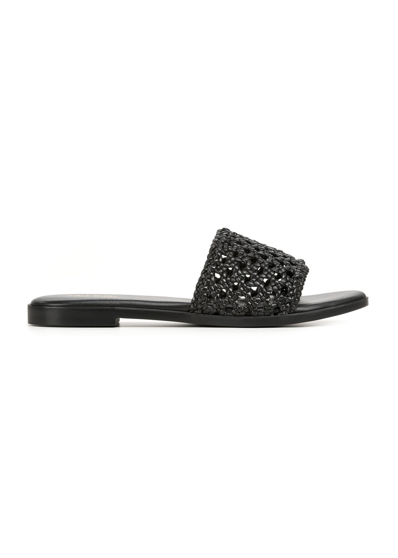 Women's black braided flip-flops BUTYD-1253-99(W26), side product view on white background.