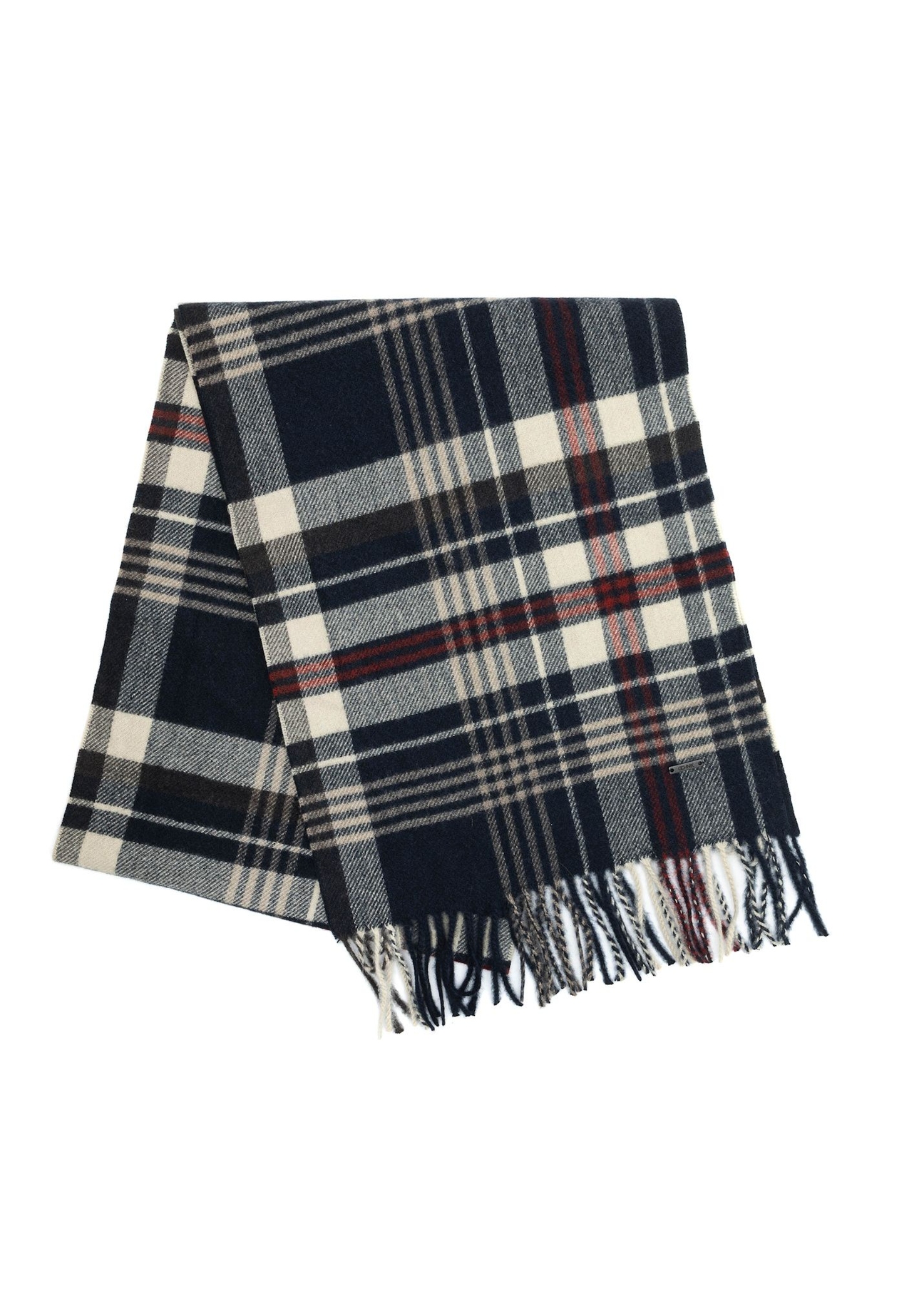 Navy blue men's checkered scarf with wool SZAMT-0085-7I(Z26),  front view of the folded product on a white background.
