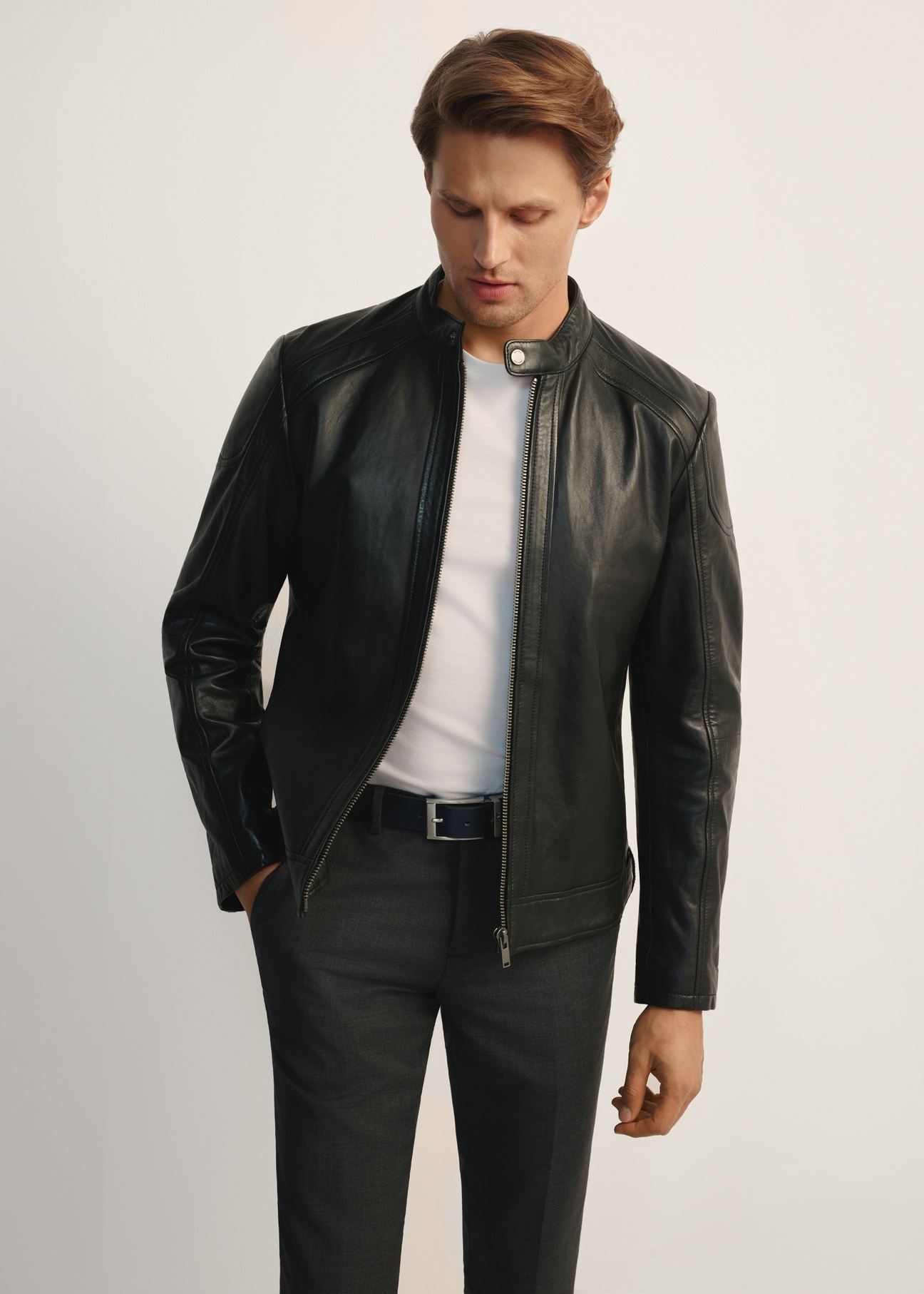 Men's black leather jacket with stand-up collar KURMS-0315-5427(Z25), product view from the front on a white background.