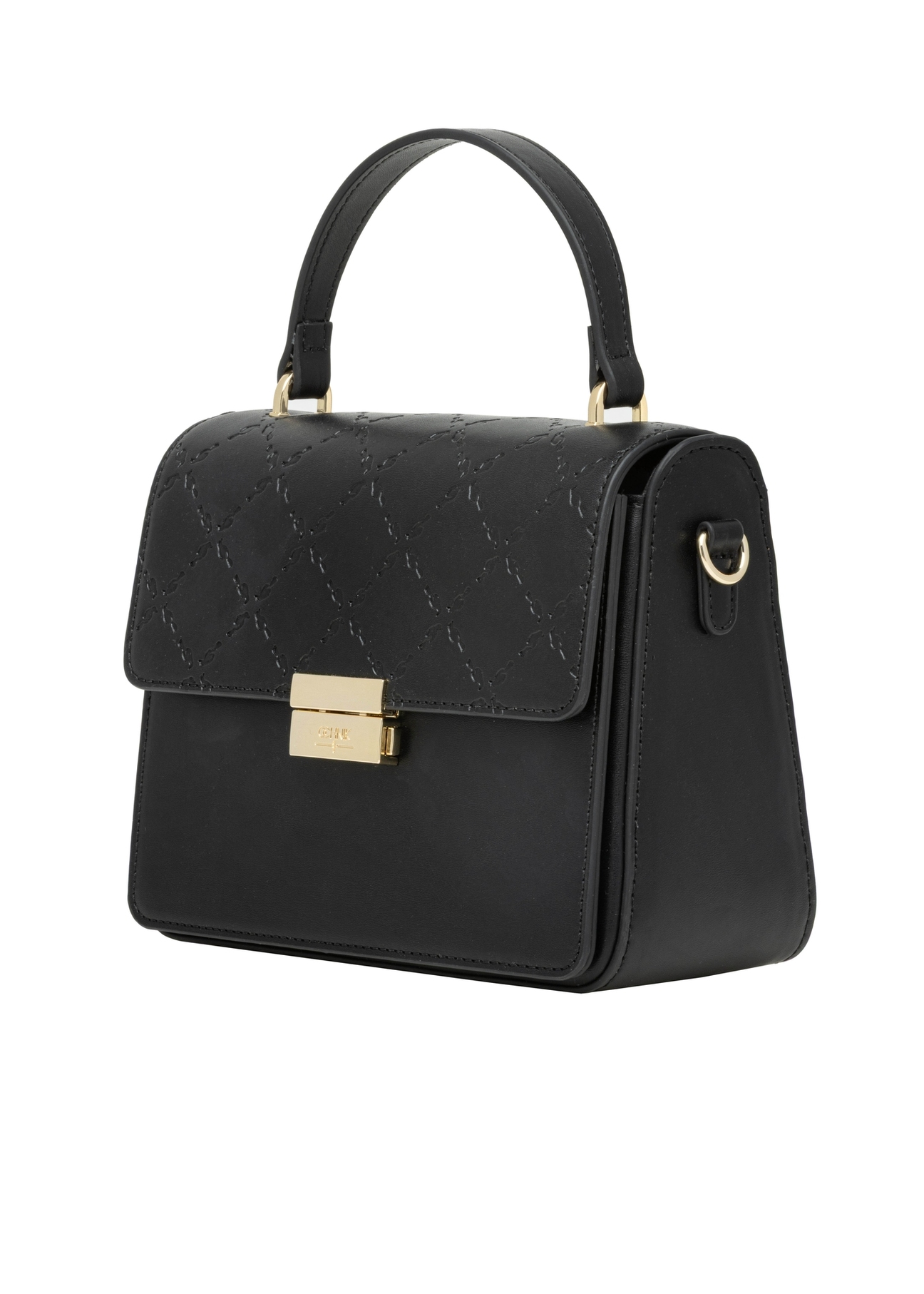 Small black monogrammed trunk bag TOREC-1292-9P(Z26), diagonal product view on white background.