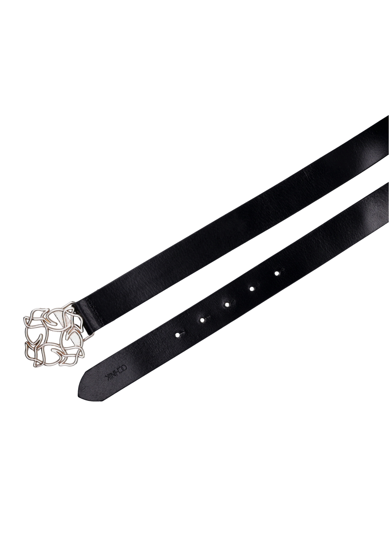 Black leather women's belt with decorative buckle PASDS-0305-99(Z25), top view of the product on a white background.