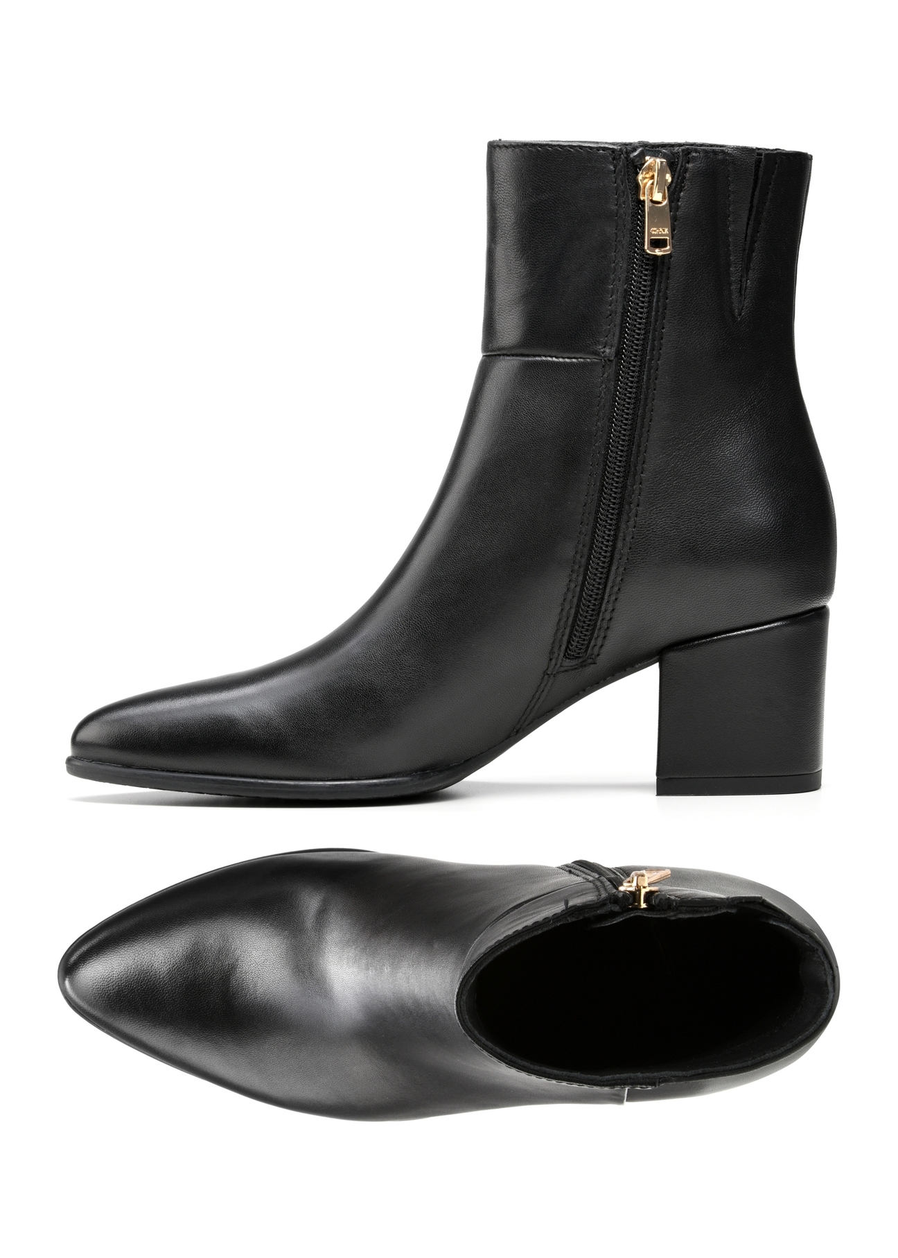 Women's leather ankle boots in black BUTYD-1186-99(Z25), product view from the side and top on a white background.