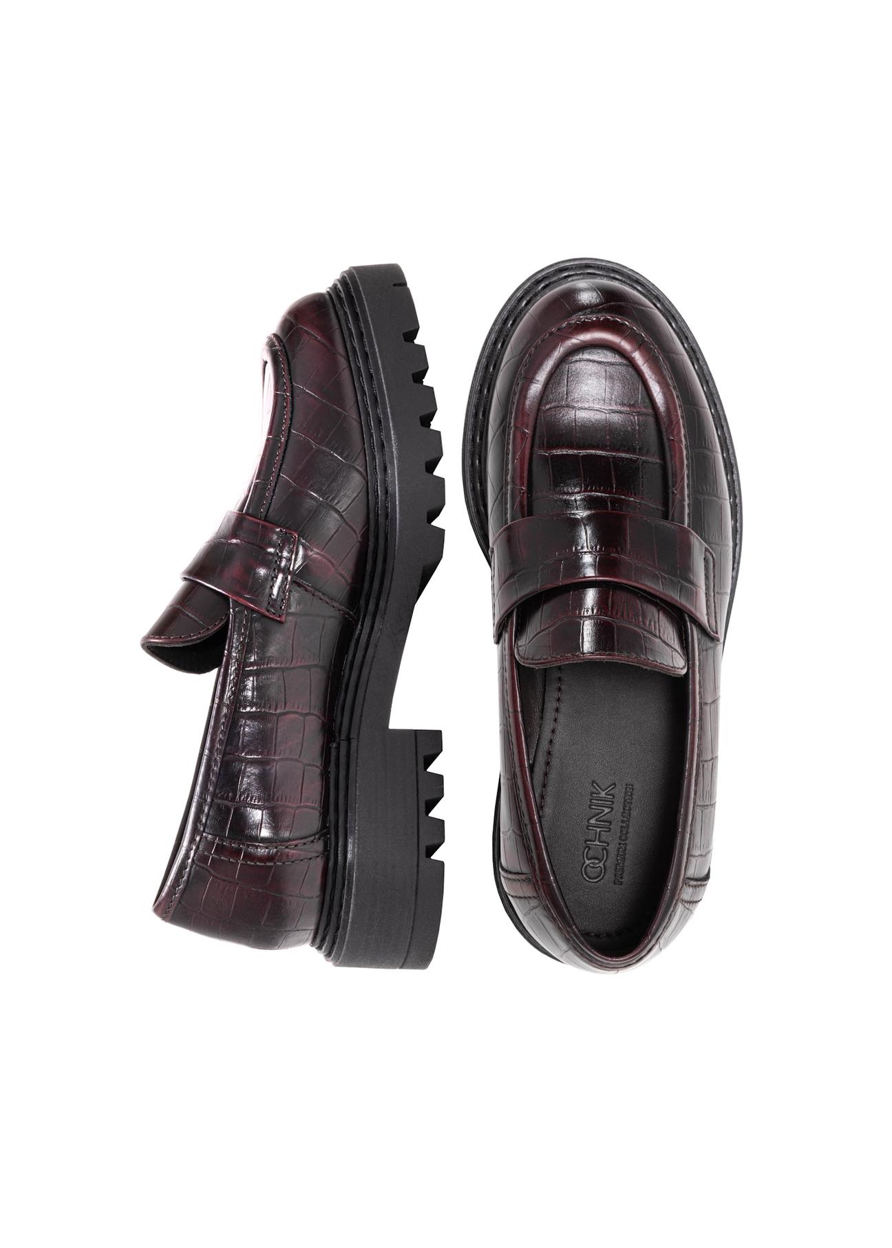 Burgundy women's croco moccasins BUTYD-1189-90(Z25), product view from above on a white background.